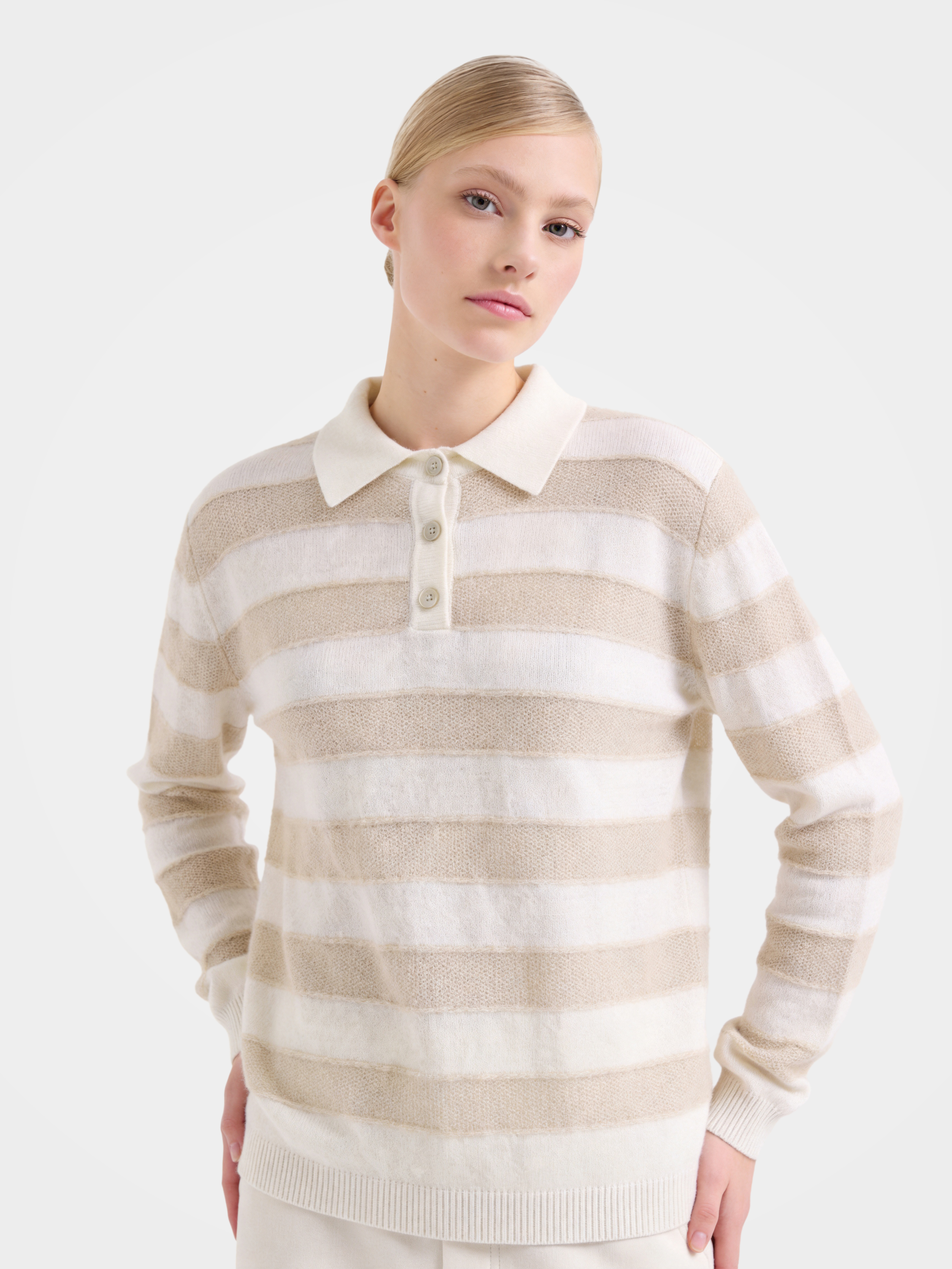100% Cashmere Polo Stripe Patchwork Knit Sweater 