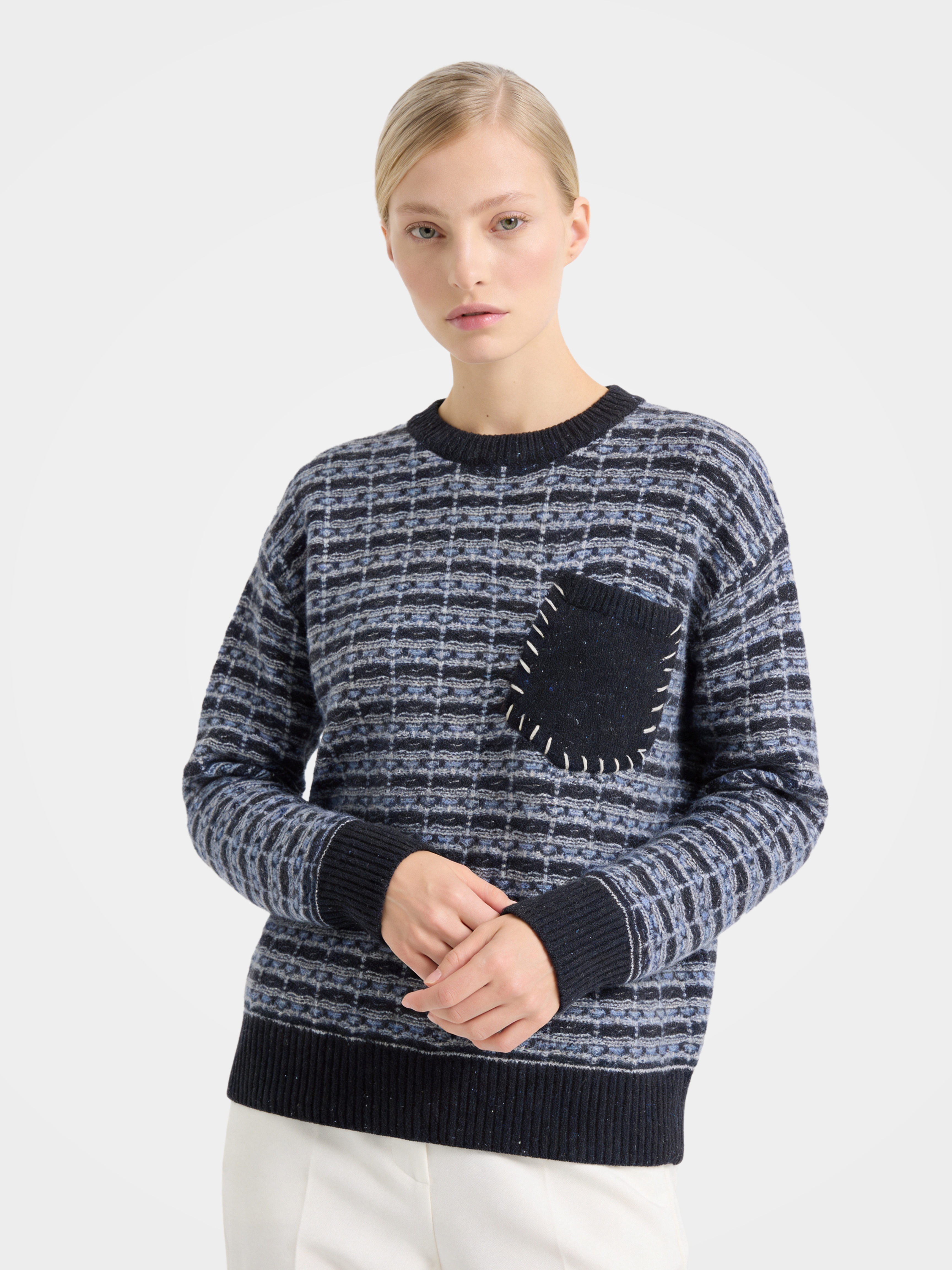 100% Mongolian Cashmere Tweed-Inspired Pocket-Front Knit Pullover