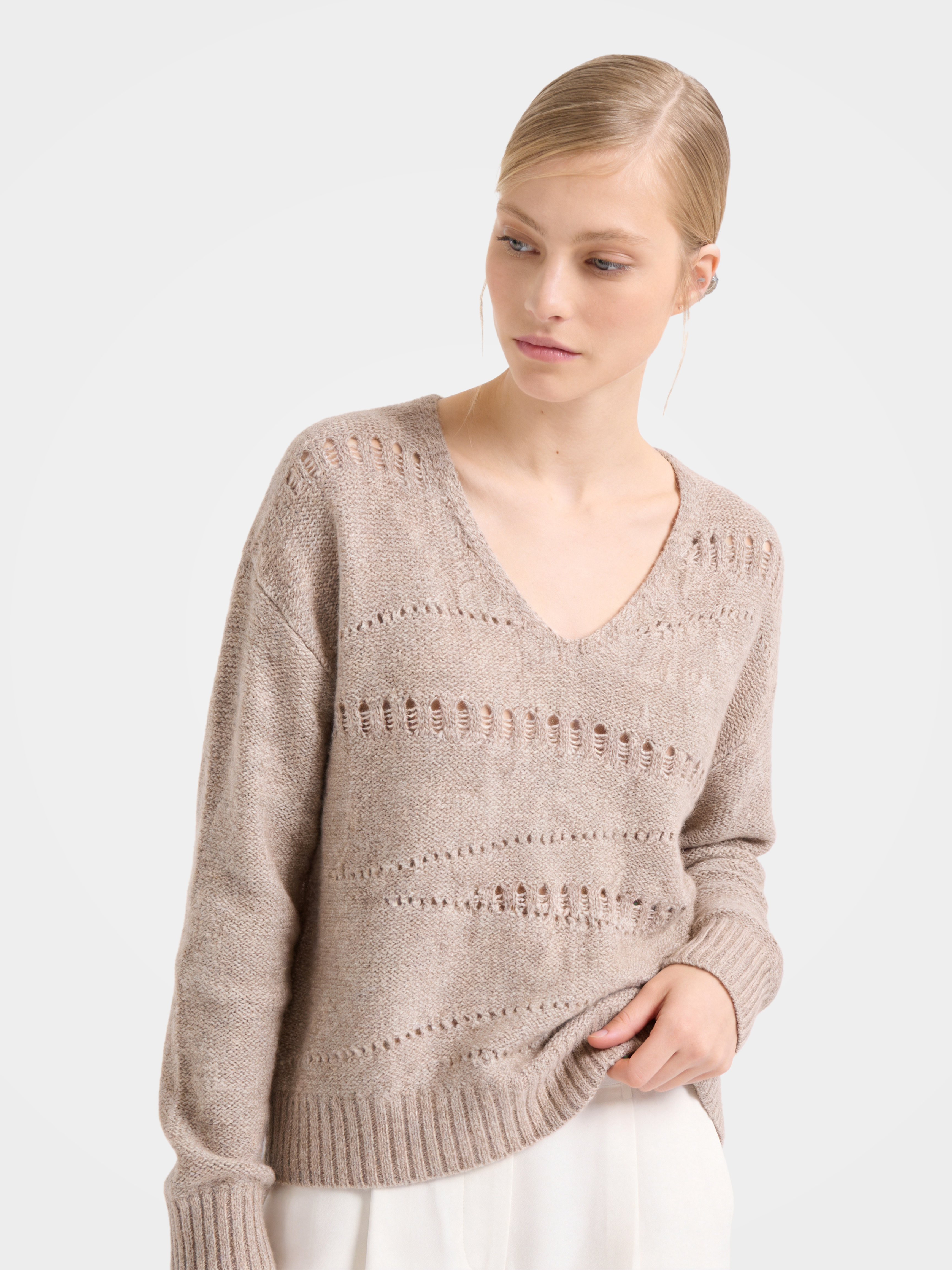 Pure  100% Cashmere Openwork Knit V Neck Sweater
