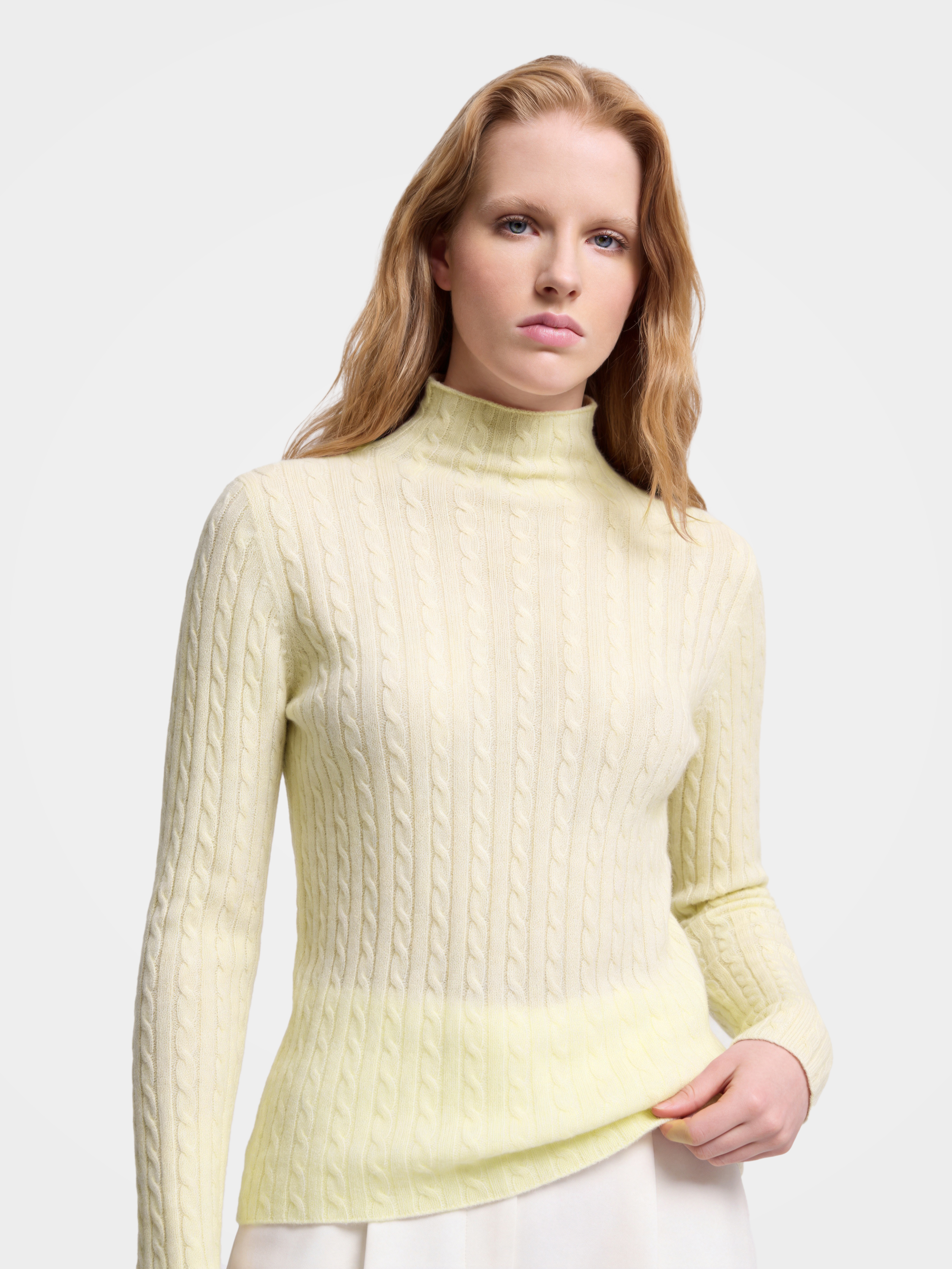 Cashmere Blend Cable Knit Mock Neck Sweater