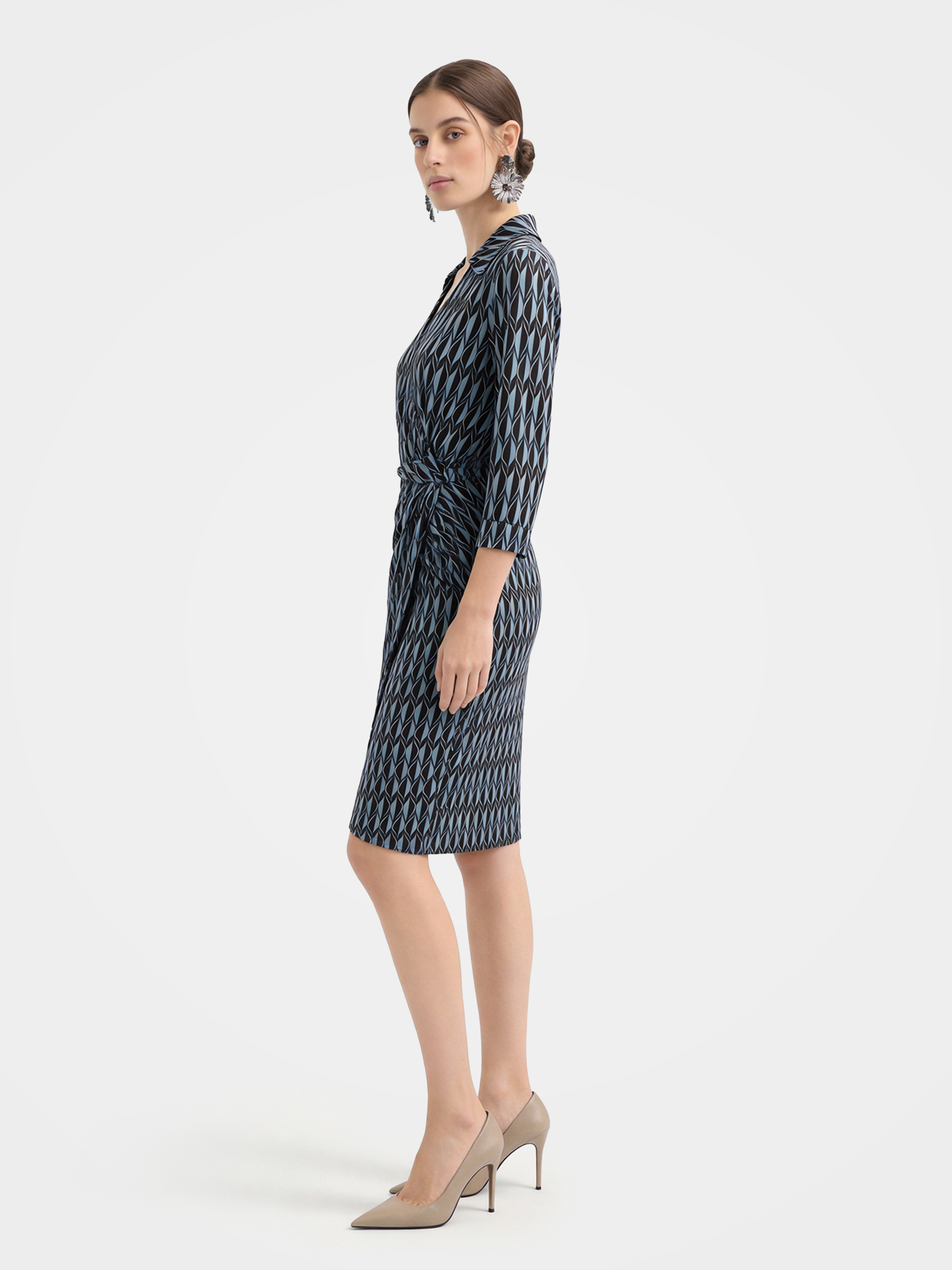Luxury Mulberry Silk Geometric Wrap Midi Dress