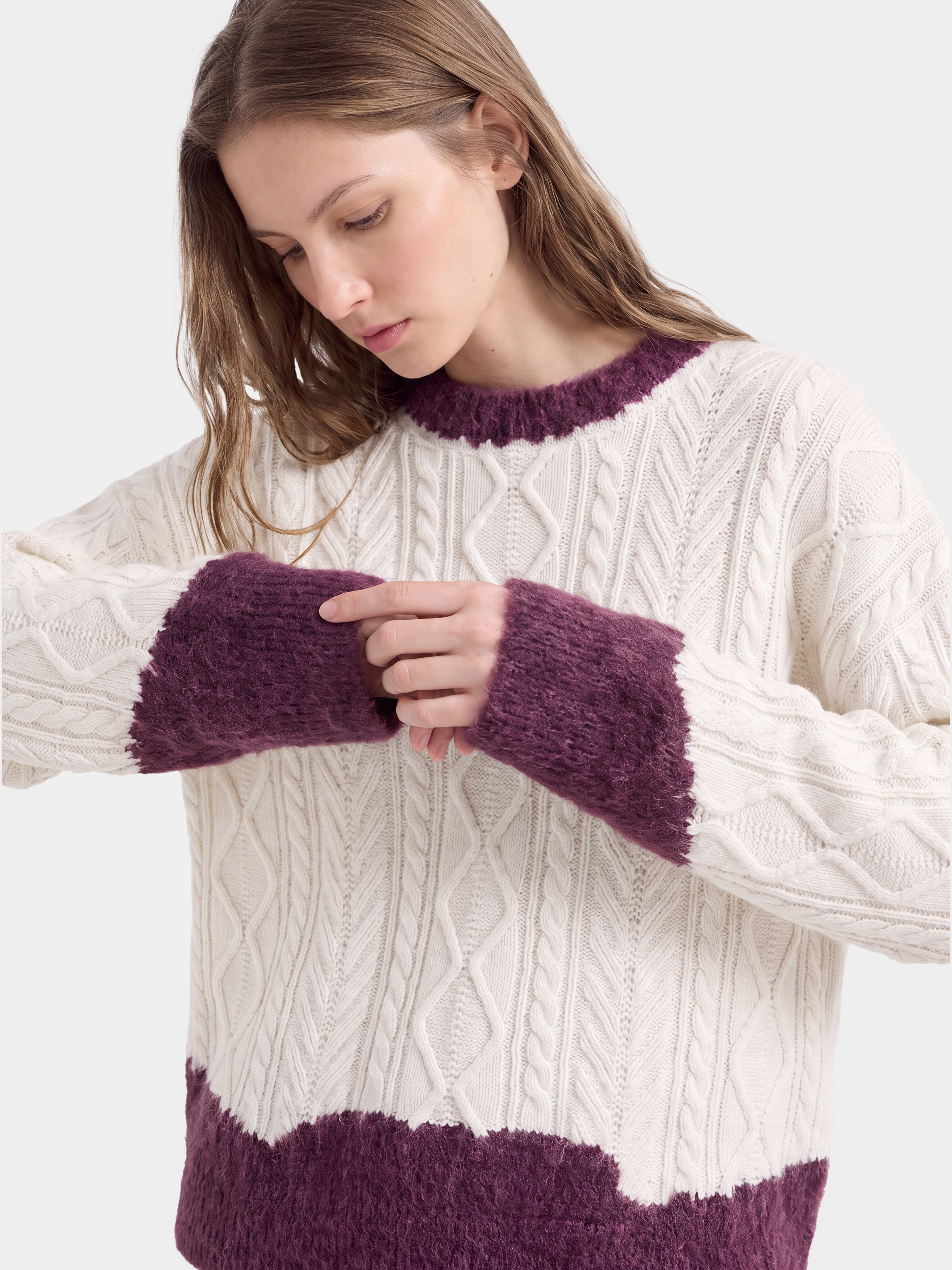 100% Cashmere Cable Knit Sweater with Contrast Brushed Trim