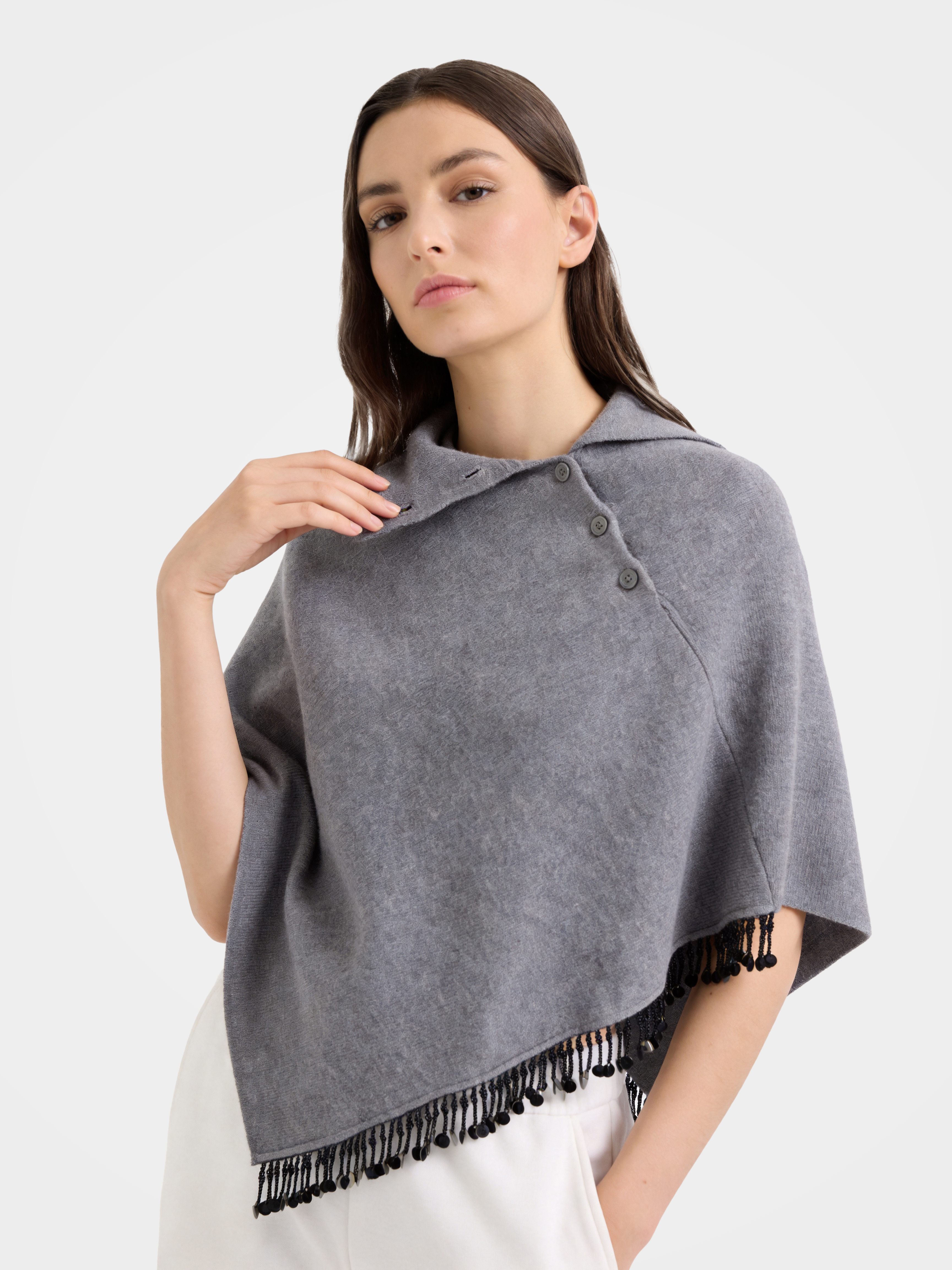 100% Cashmere Buttoned Collared Poncho Cape With Beaded Fringe