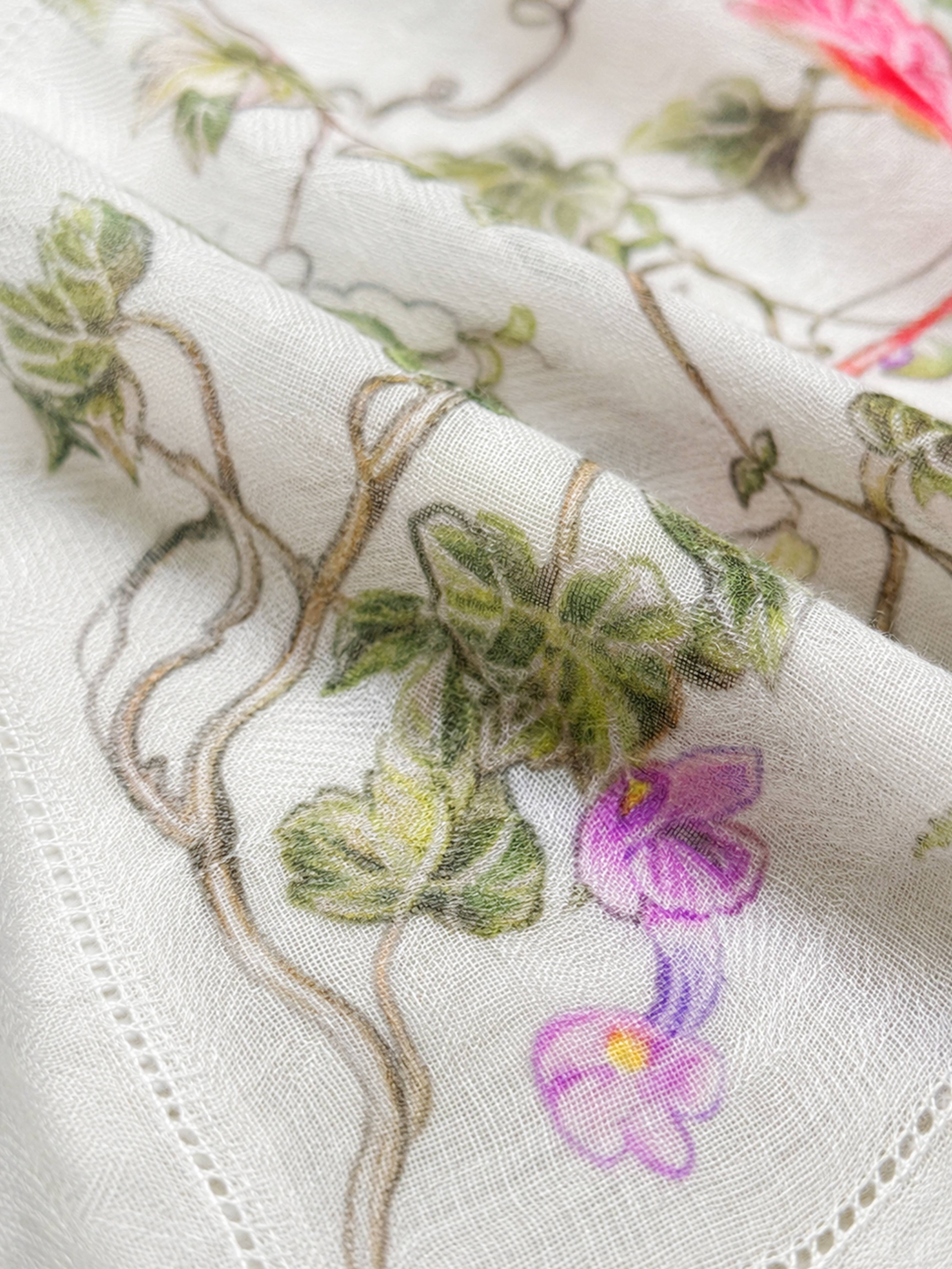 100% Cashmere Textured Floral and Bird Motifs Square Scarf