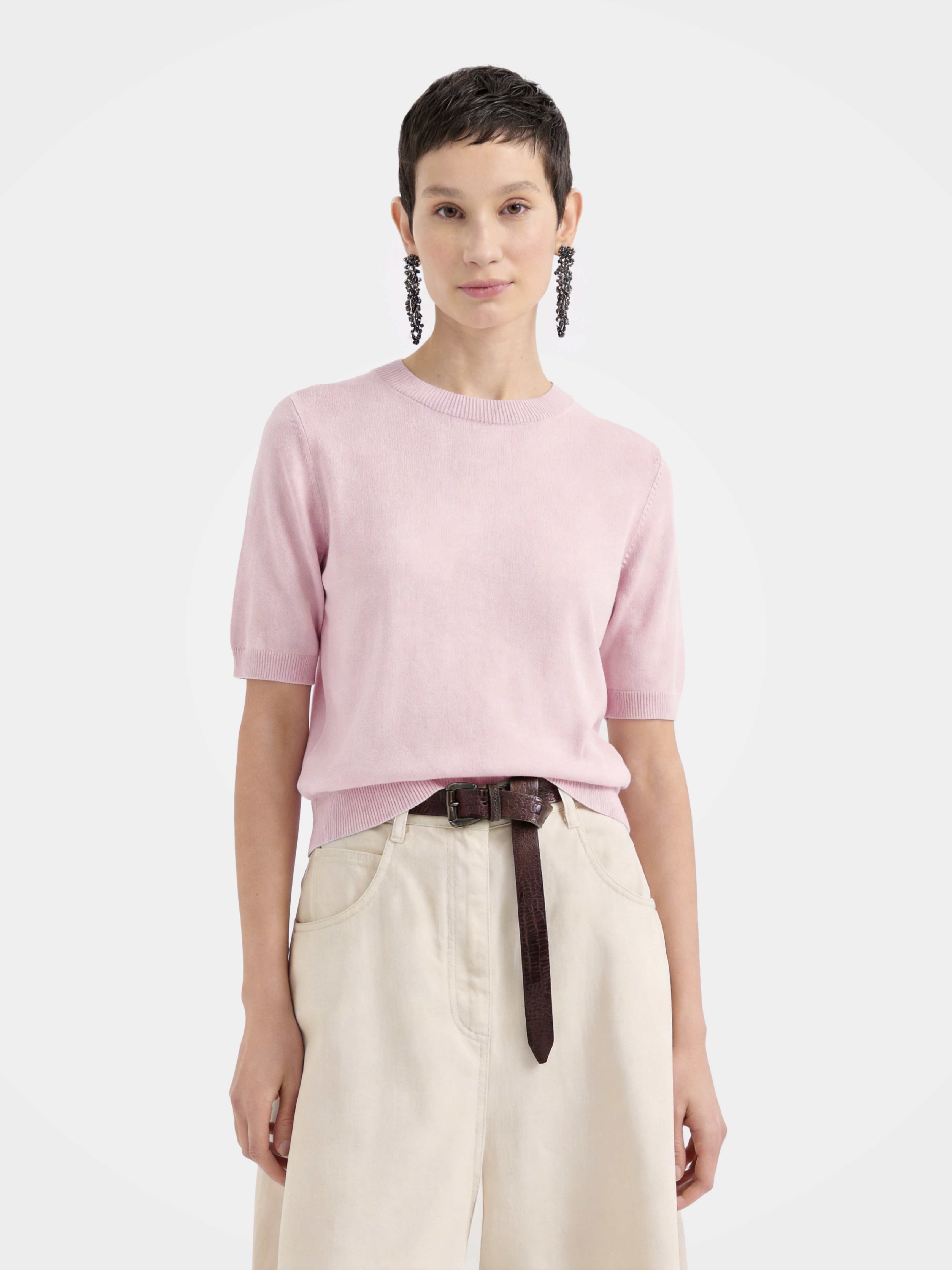 Cashmere Tencel Blend Soft & Lightweight Short Sleeve Knit Top – Crew Neck, Beige/Black/Gray