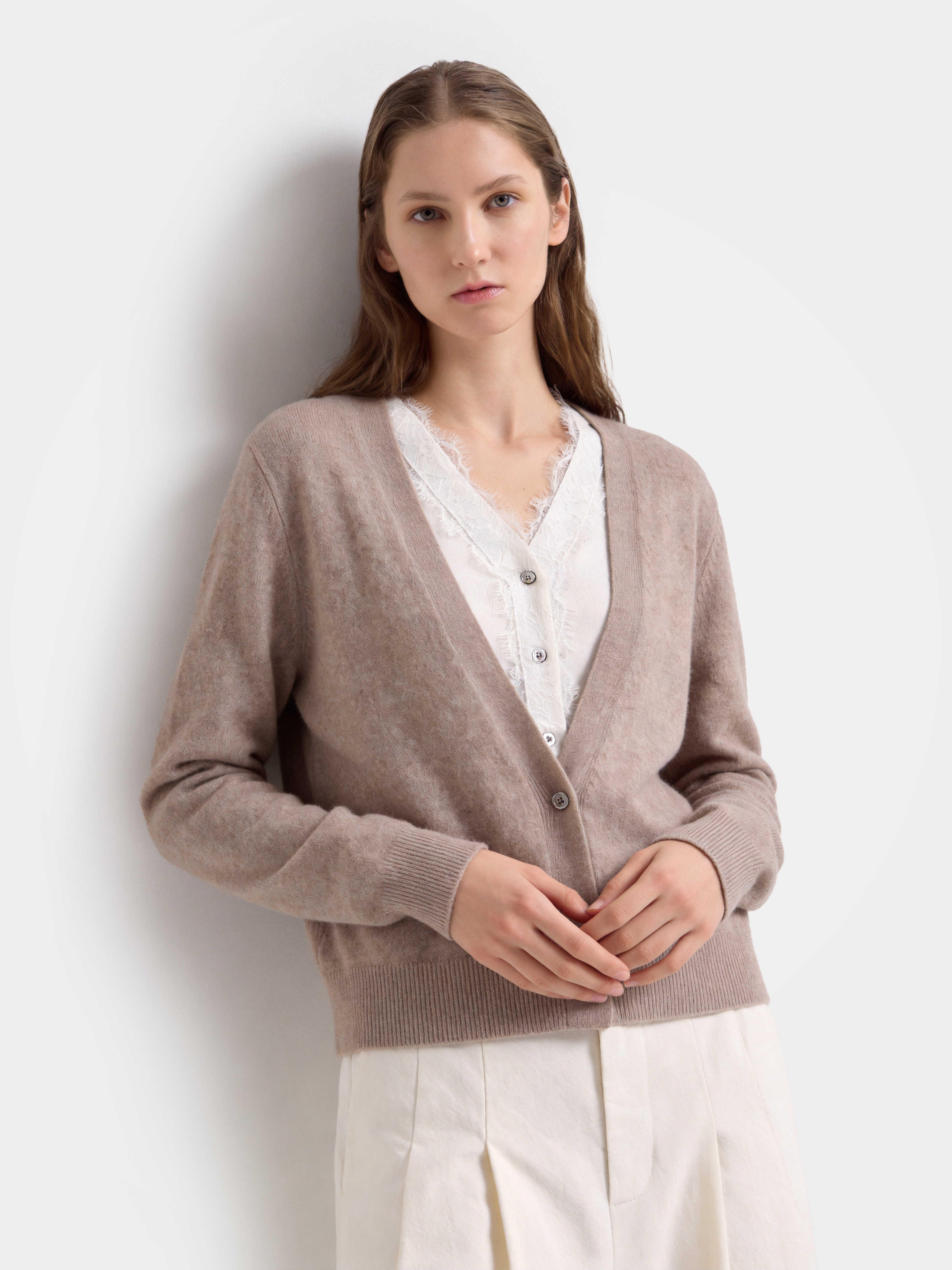 100% Cashmere Lace V-Neck Button-Front Cardigan