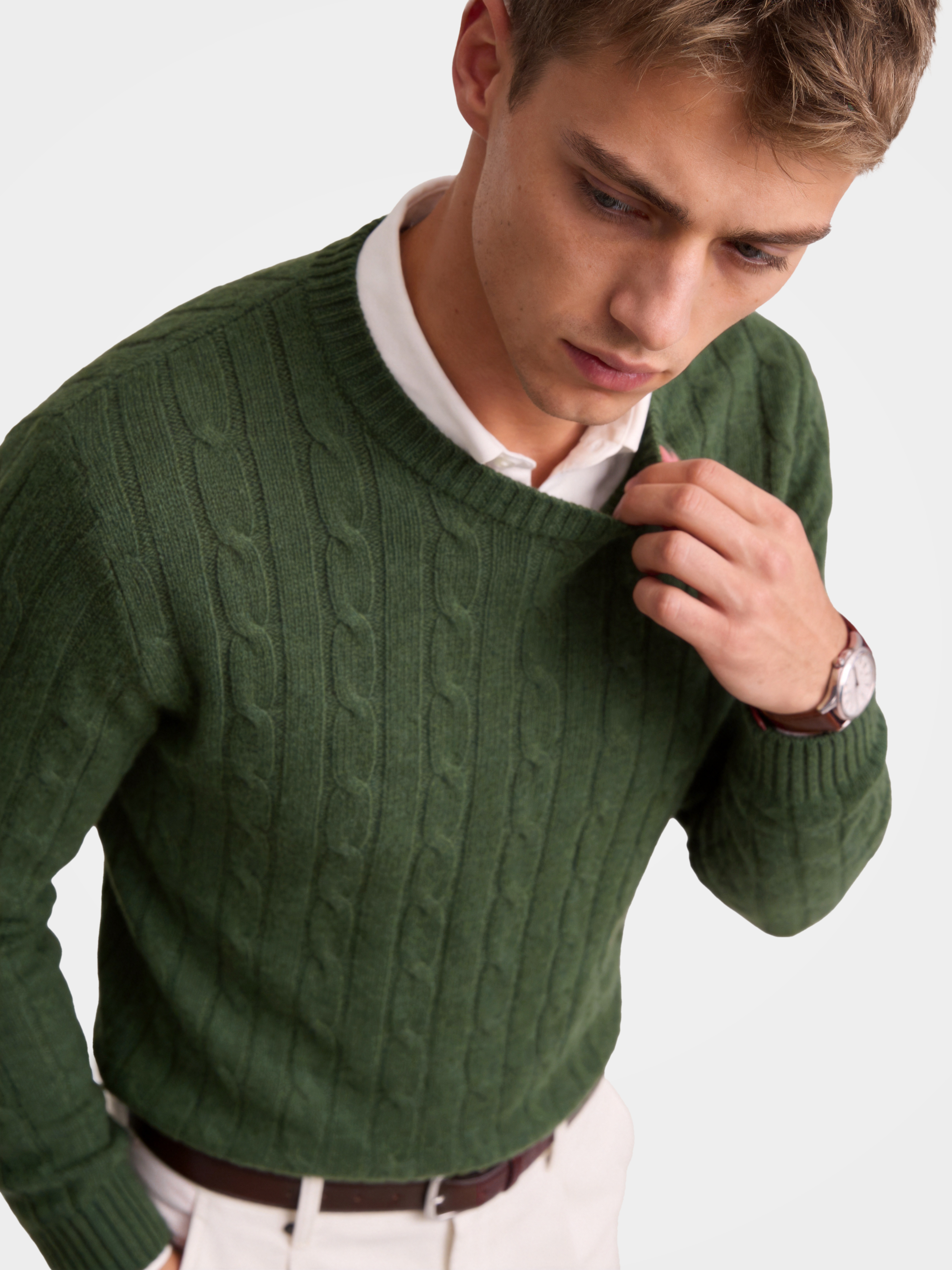 Men’s 100% Cashmere Crew Neck Cable Knit Sweater