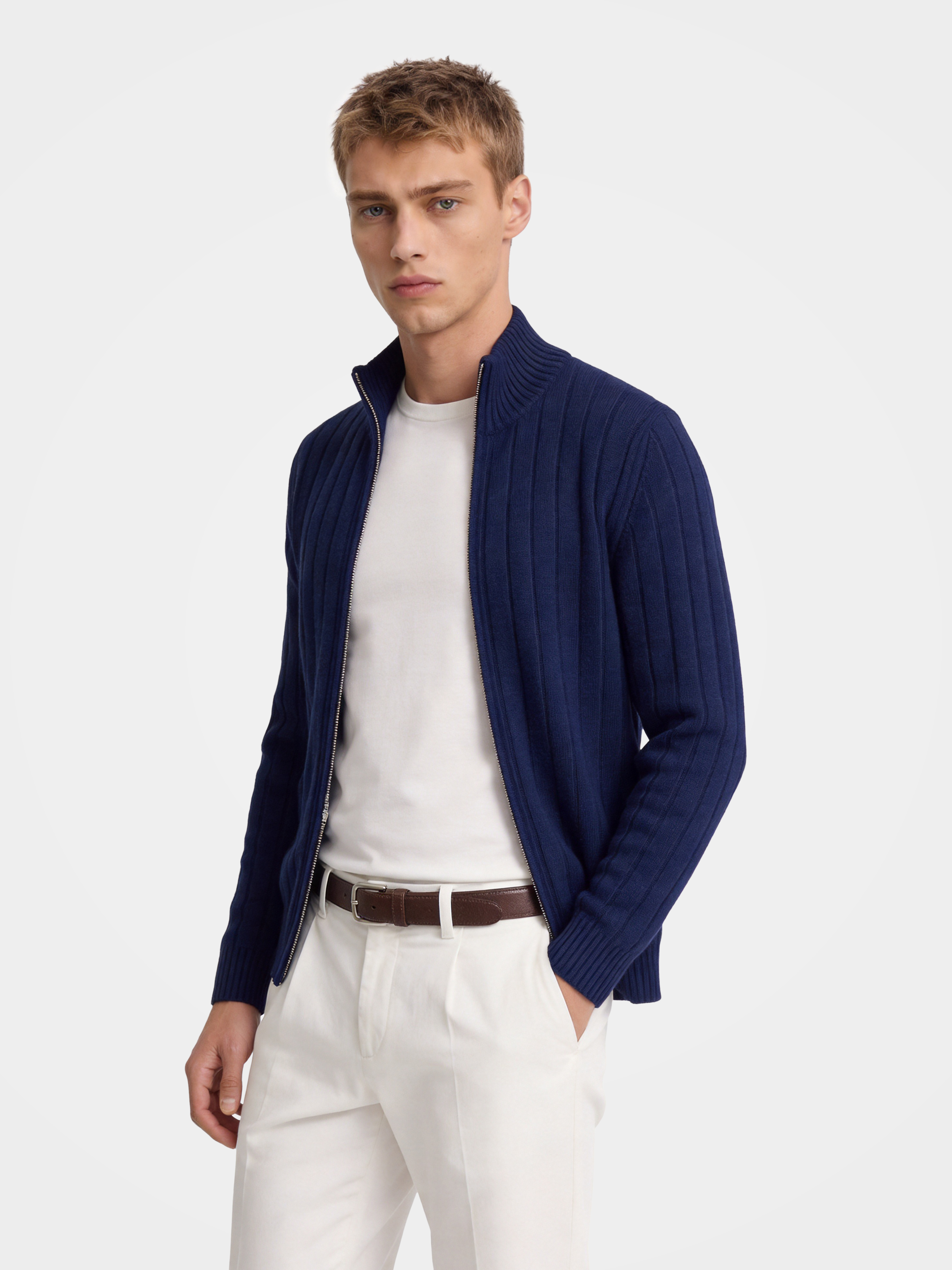 Men’s 100% Cashmere Mock Neck Zip Rib Knit Cardigan