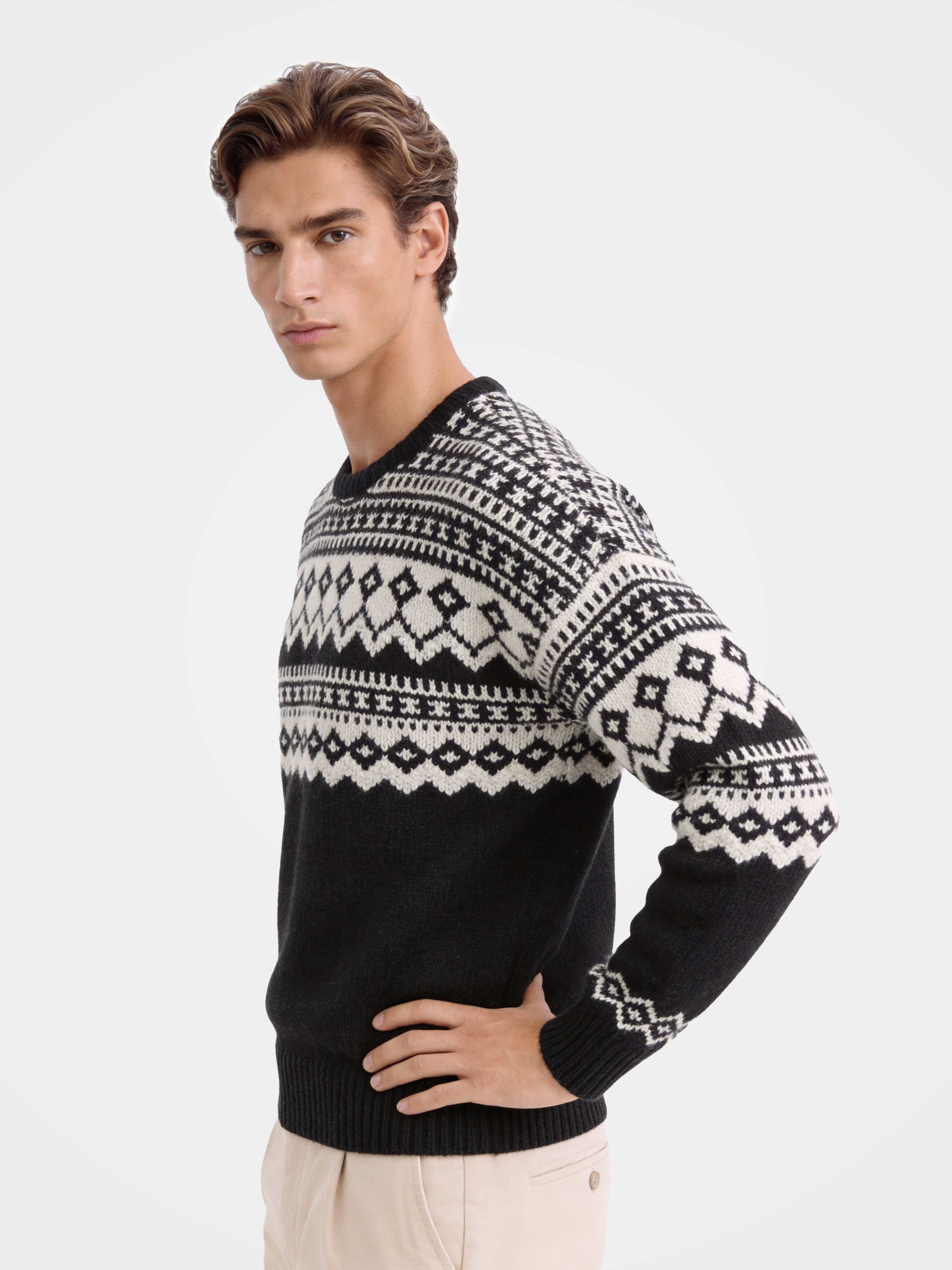 Pre-Order | Men’s 100% Cashmere Crew Neck Fair Isle Knit Cardigan (10-14 Business Days)