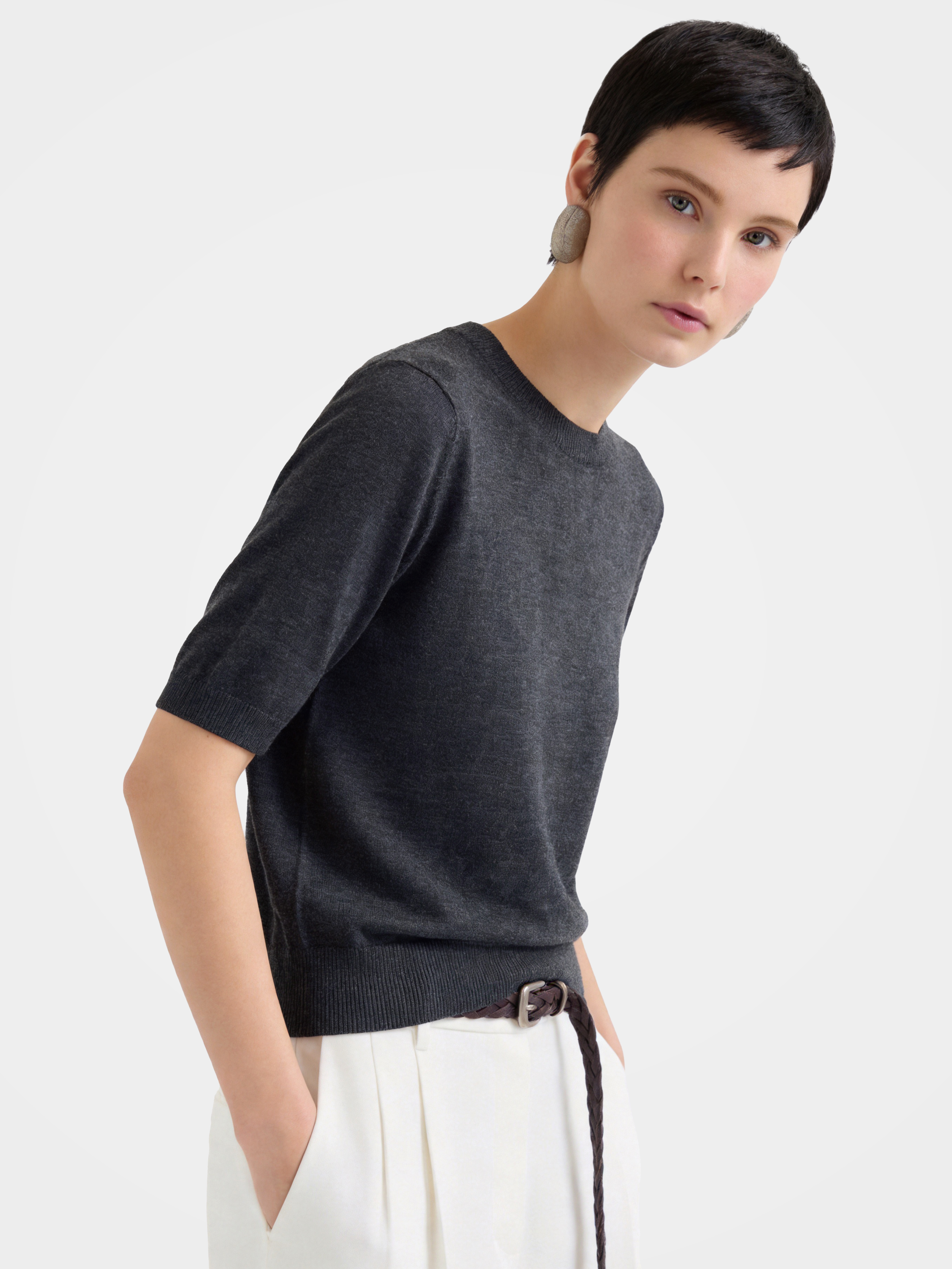 Cashmere Tencel Blend Soft & Lightweight Short Sleeve Knit Top – Crew Neck, Beige/Black/Gray