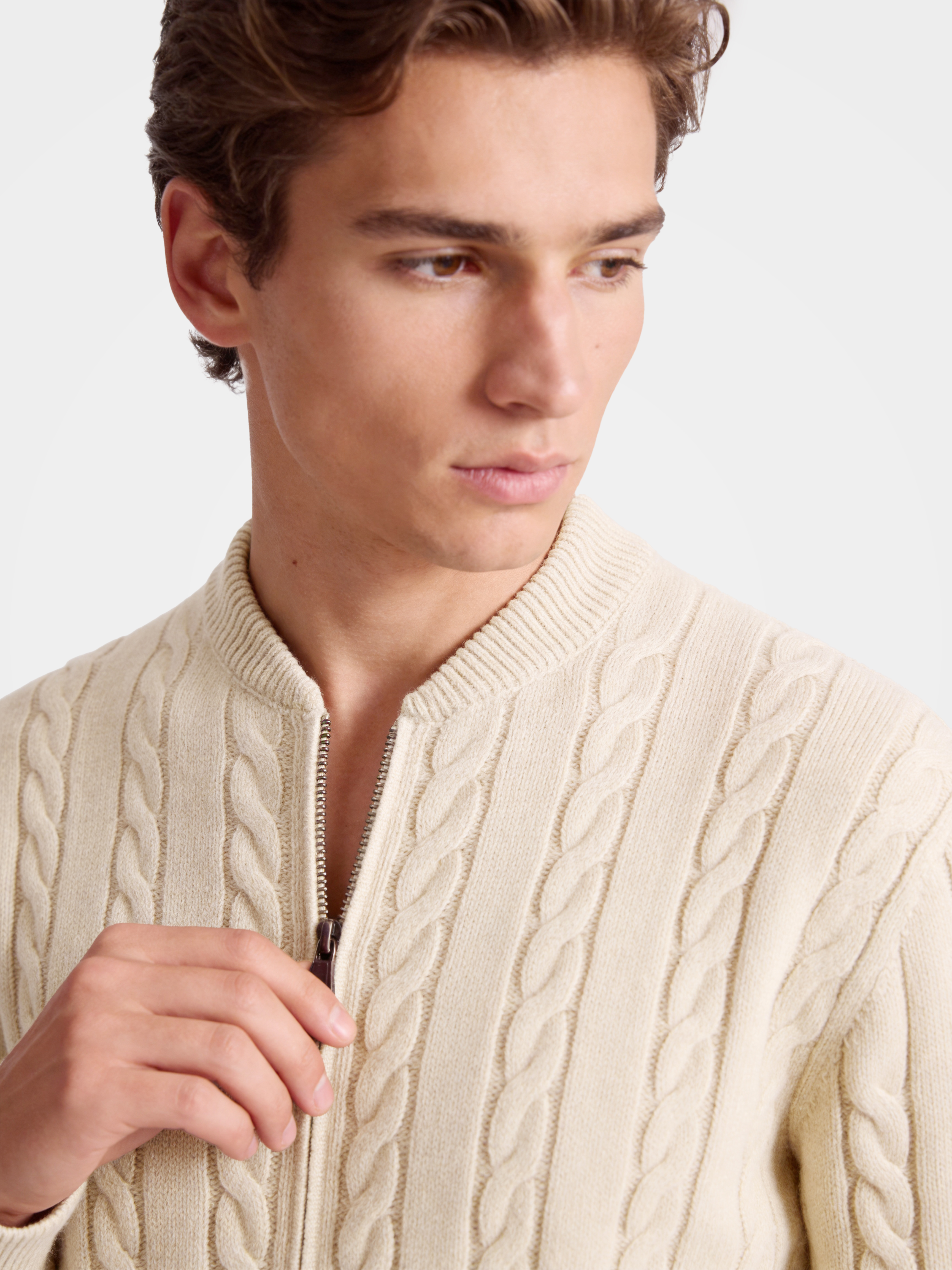 Pre-Order | Men’s 100% Cashmere Baseball Collar Zip Cable Knit Cardigan (10-14 Business Days)