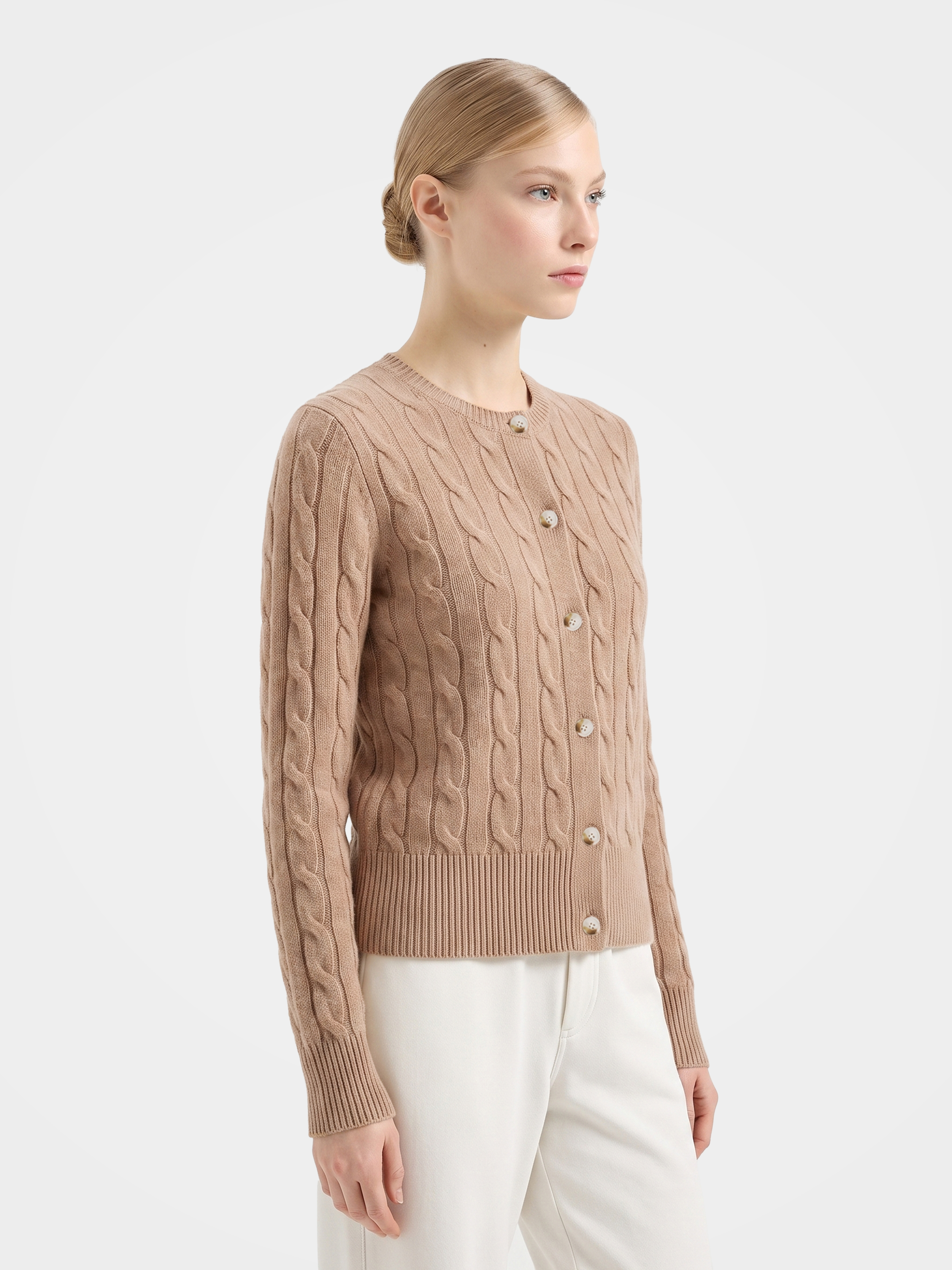 100% Mongolian Cashmere Cable Knit Crew Neck Button Cardigan Sweater