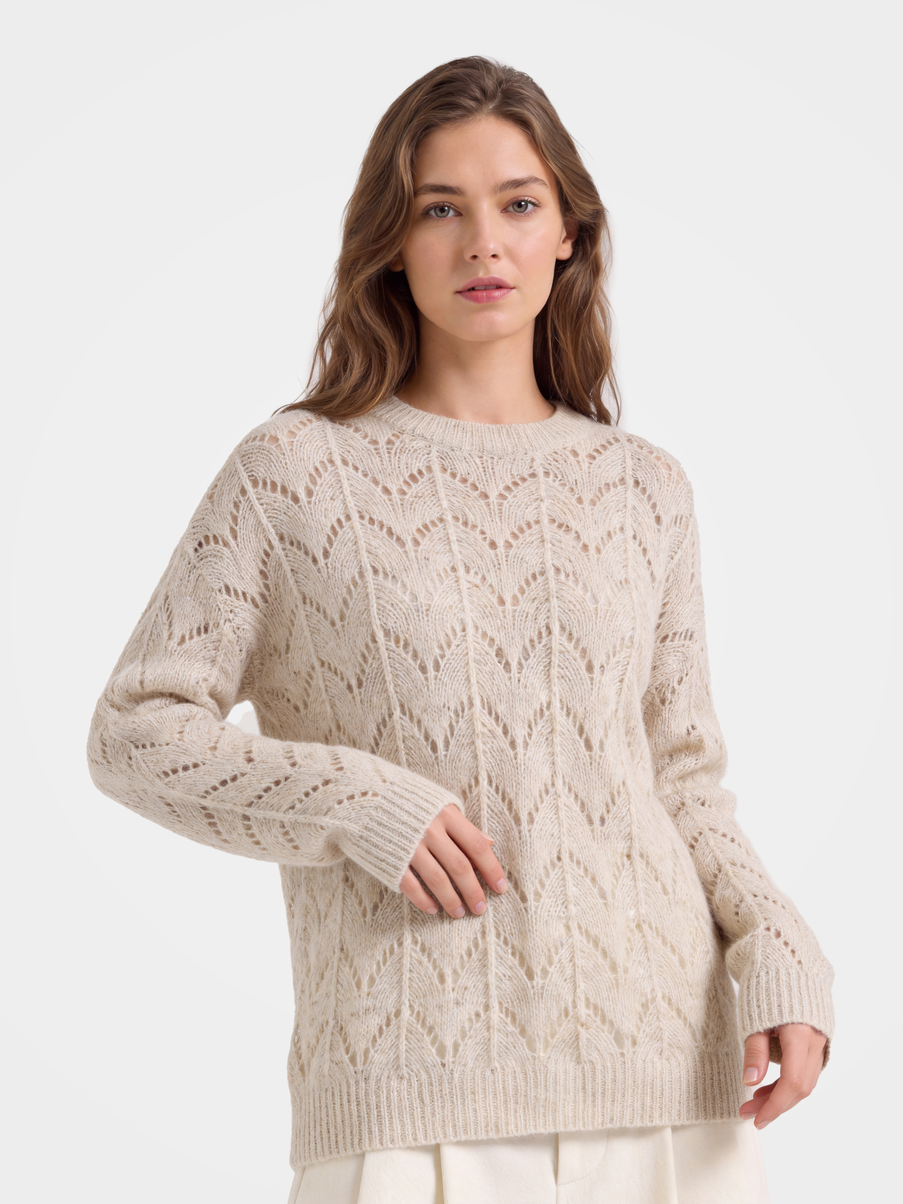 Cashmere Openwork Knit Crew Neck Sequin Sweater