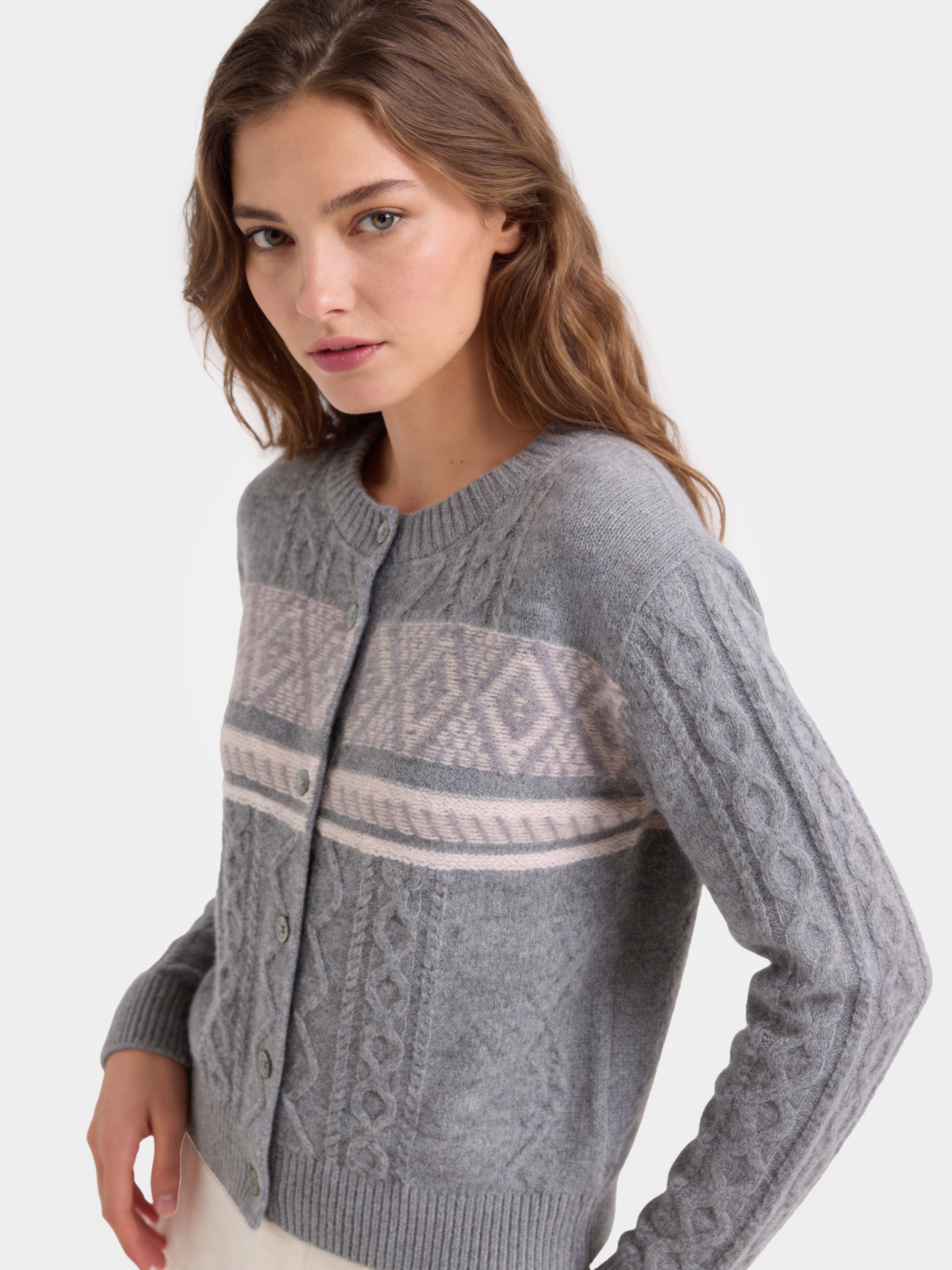 100% Cashmere Cable Knit Crew Neck Cardigan