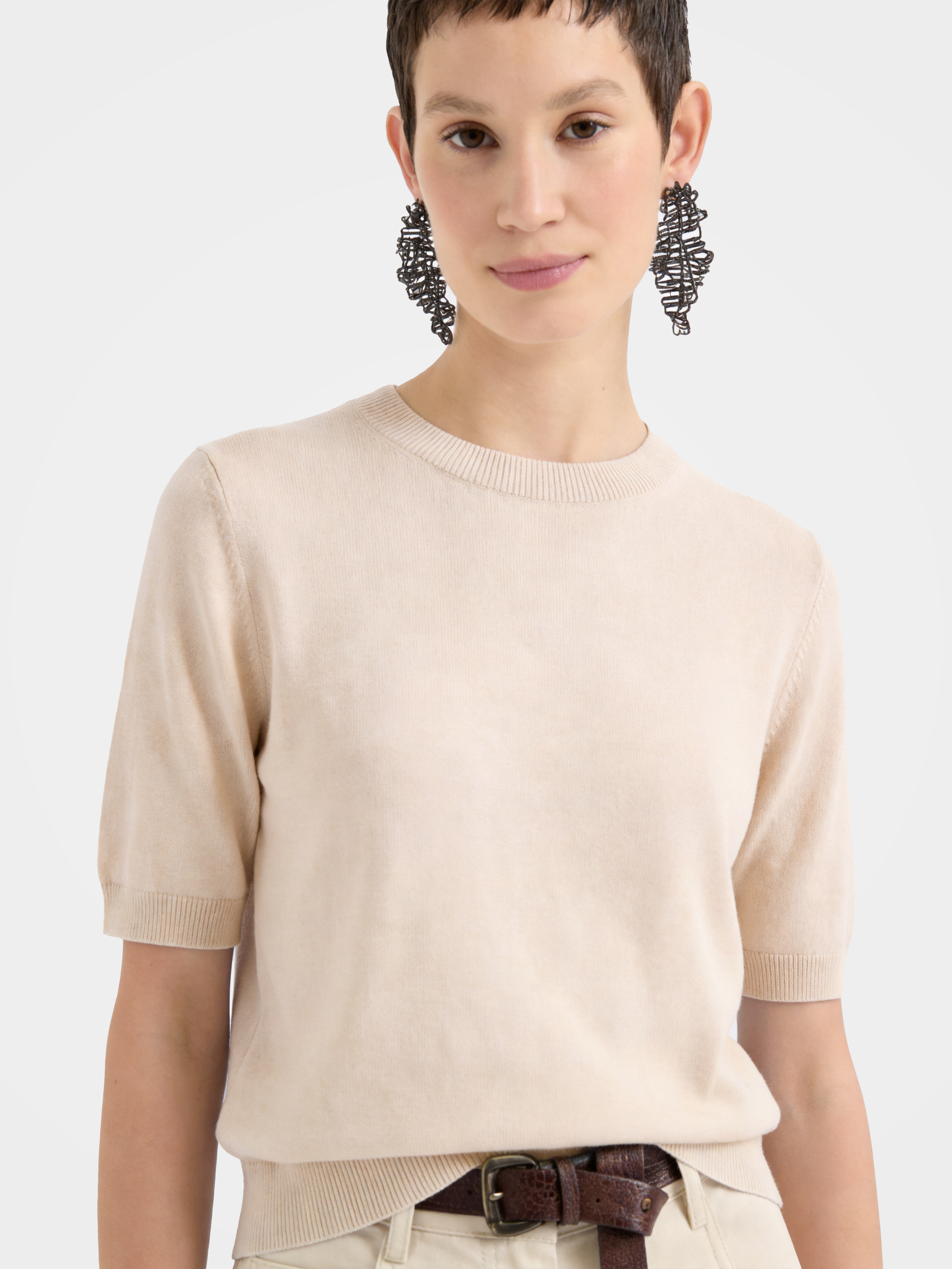 Cashmere Tencel Blend Soft & Lightweight Short Sleeve Knit Top – Crew Neck, Beige/Black/Gray