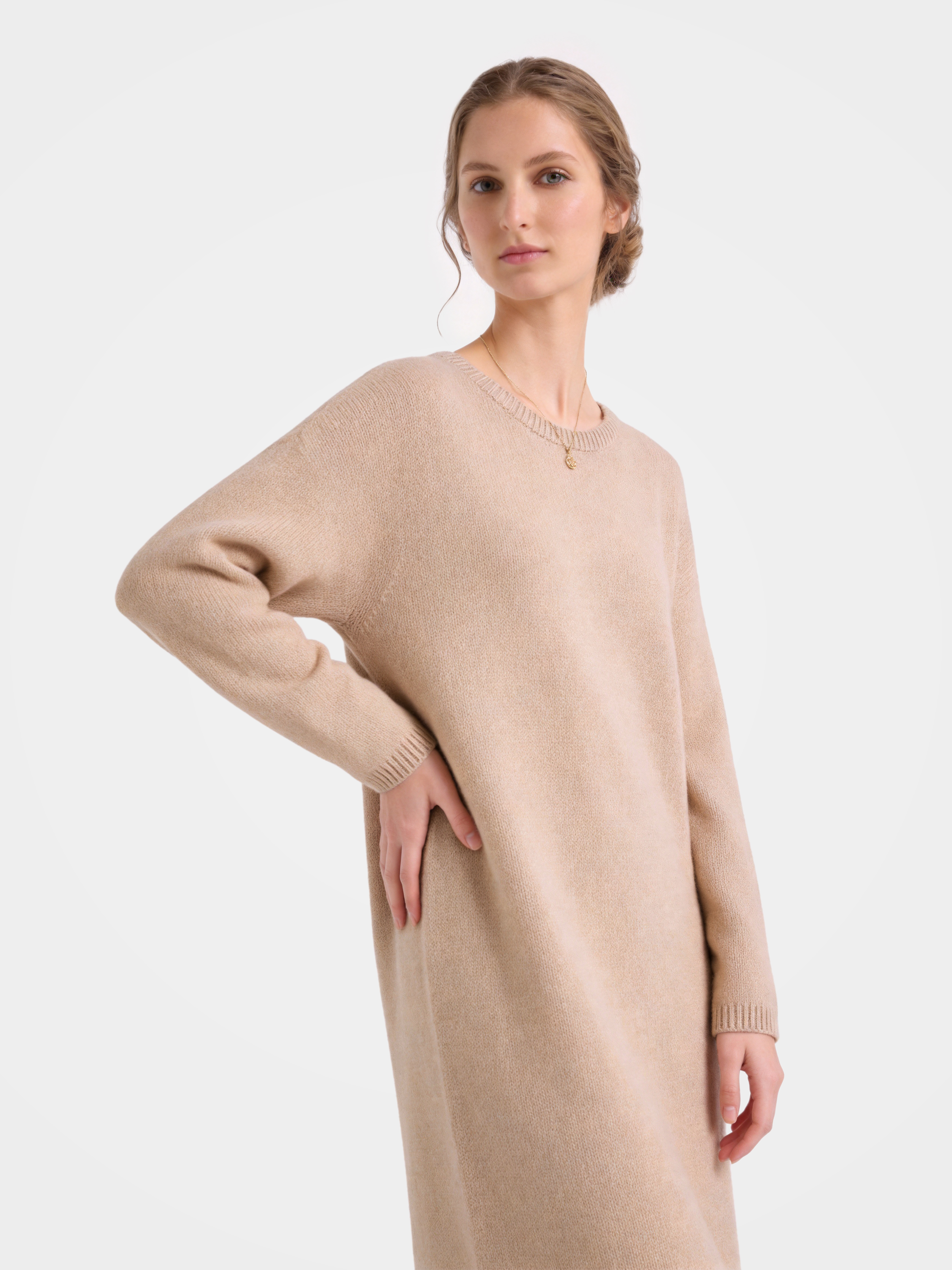 100% Cashmere Long Sleeve Crew Neck Midi Sweater Dress
