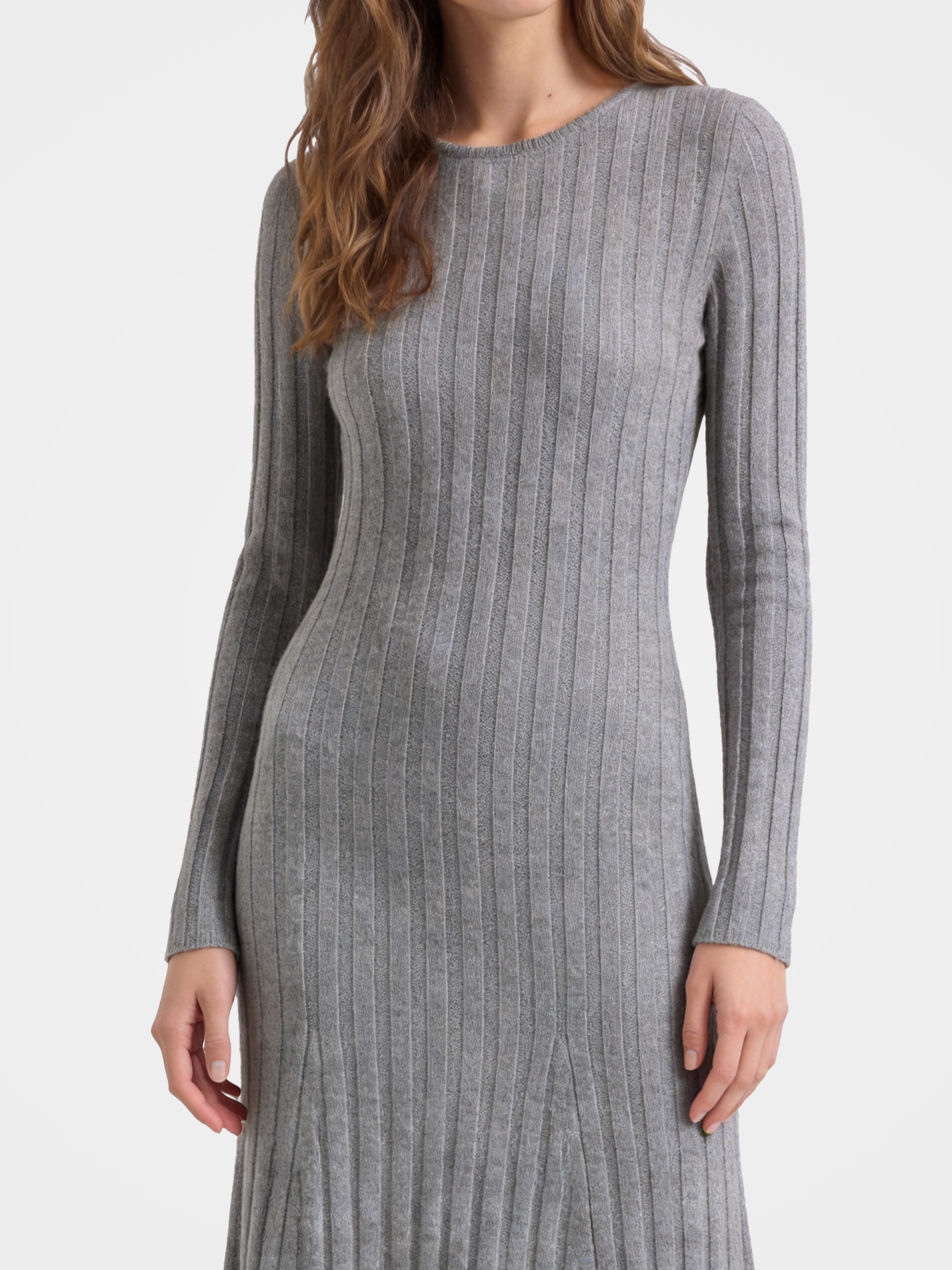 100% Mongolian Cashmere Rib Knit Midi Sweater Dress