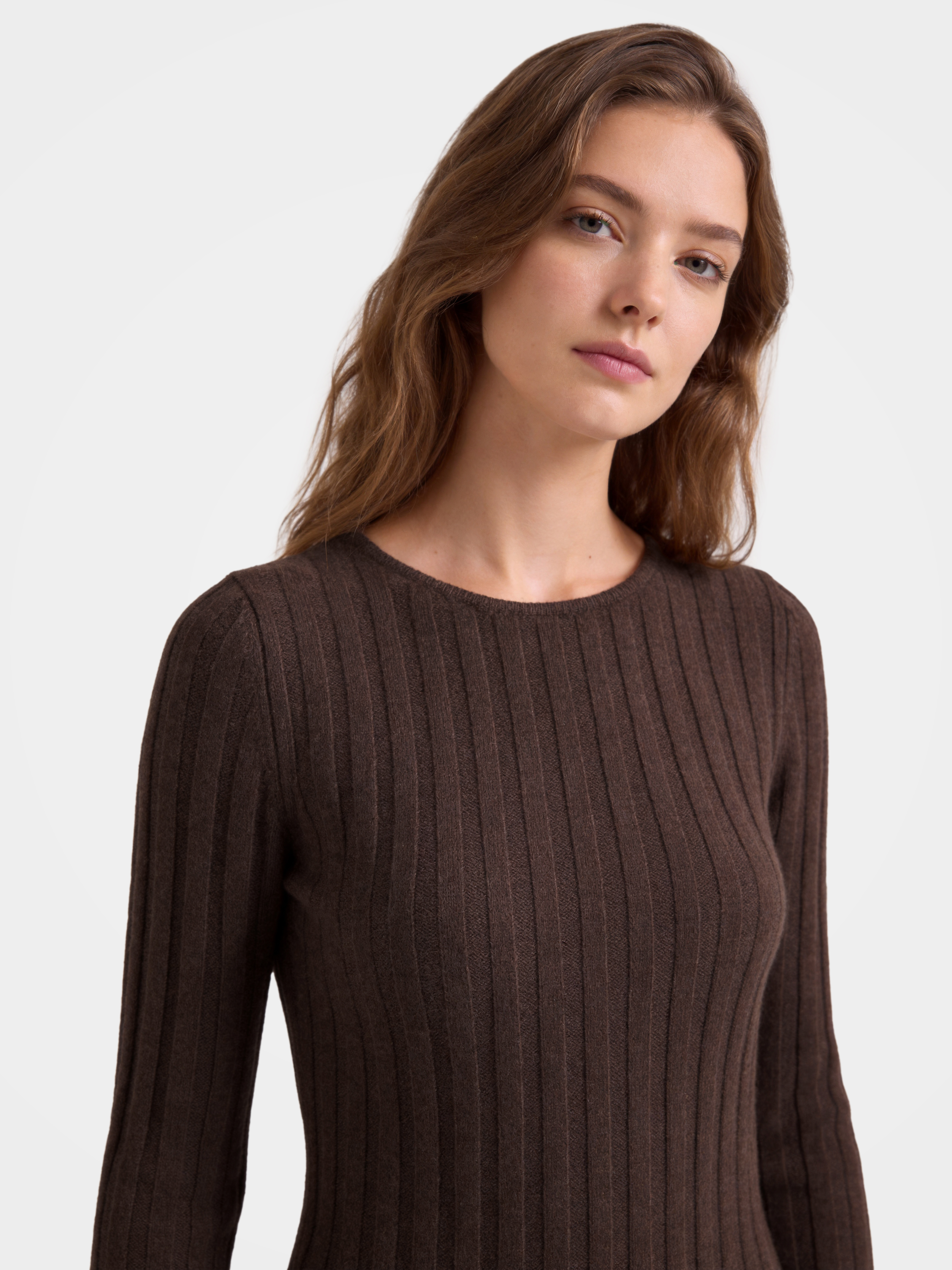 100% Mongolian Cashmere Rib Knit Midi Sweater Dress