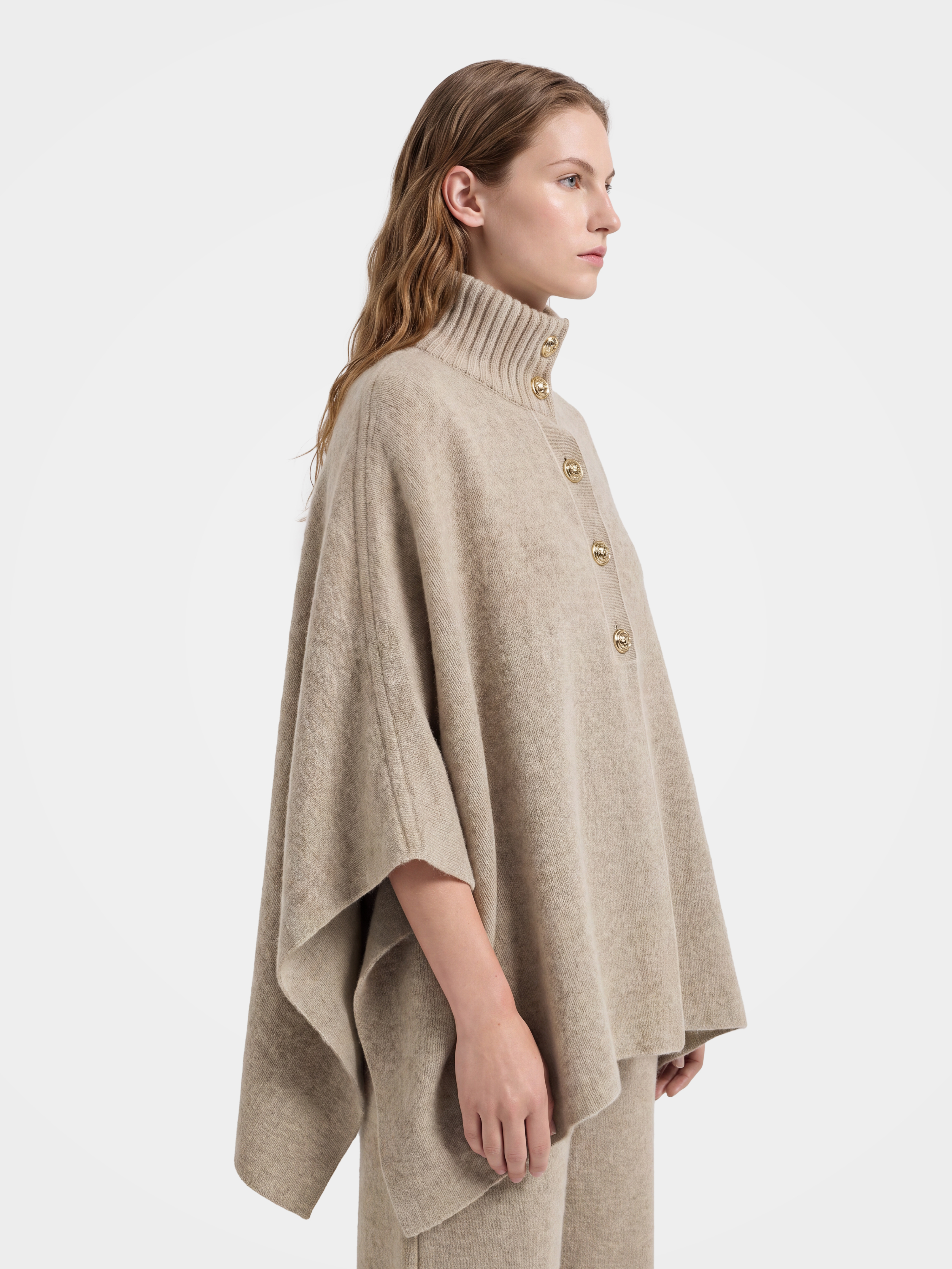 Pre-Order | 100% Cashmere Turtleneck Button-Placket Knit Cape (10-14 Business Days)