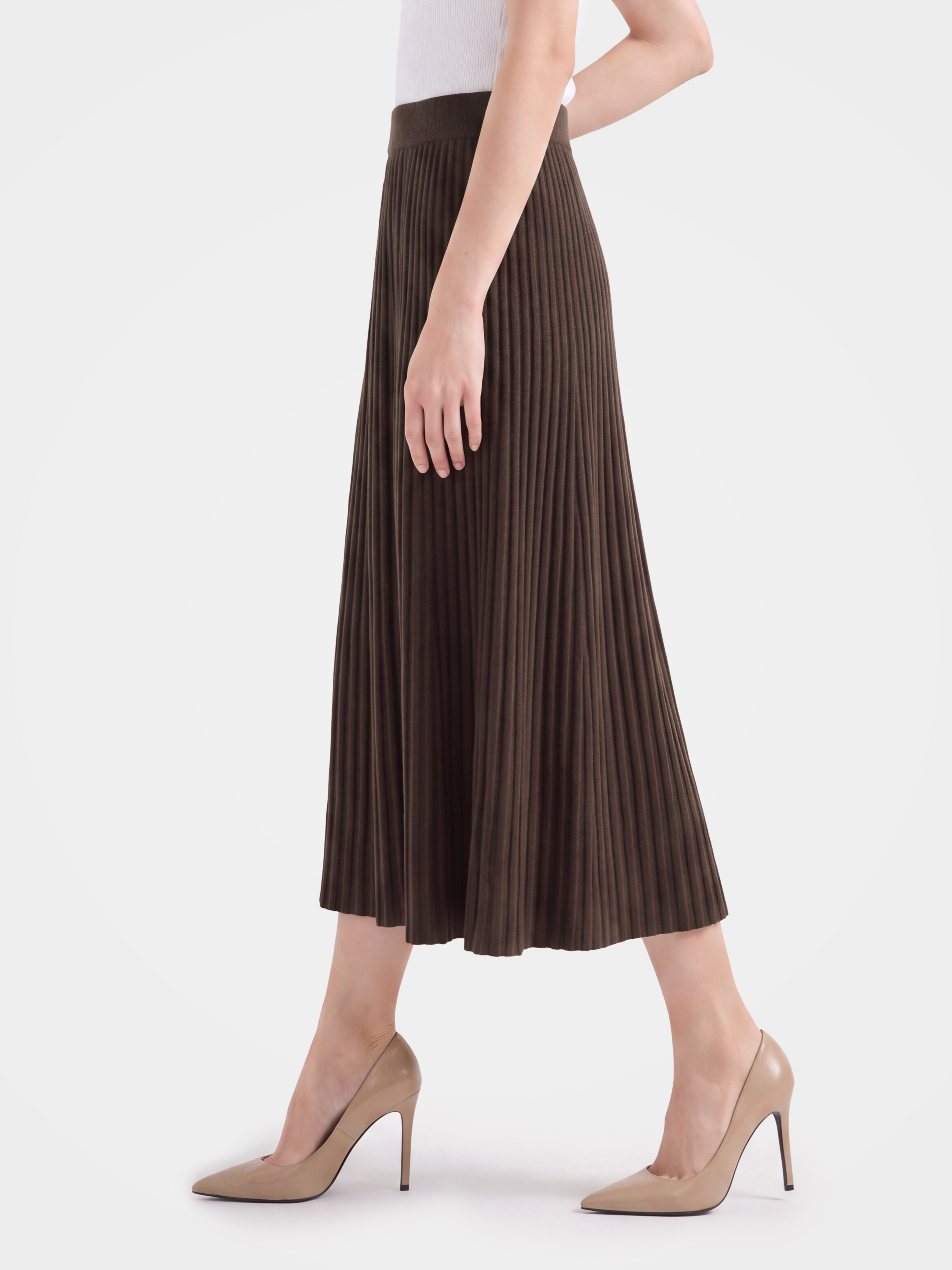 100% Mongolian Cashmere Rib Knit Pleated Midi Skirt