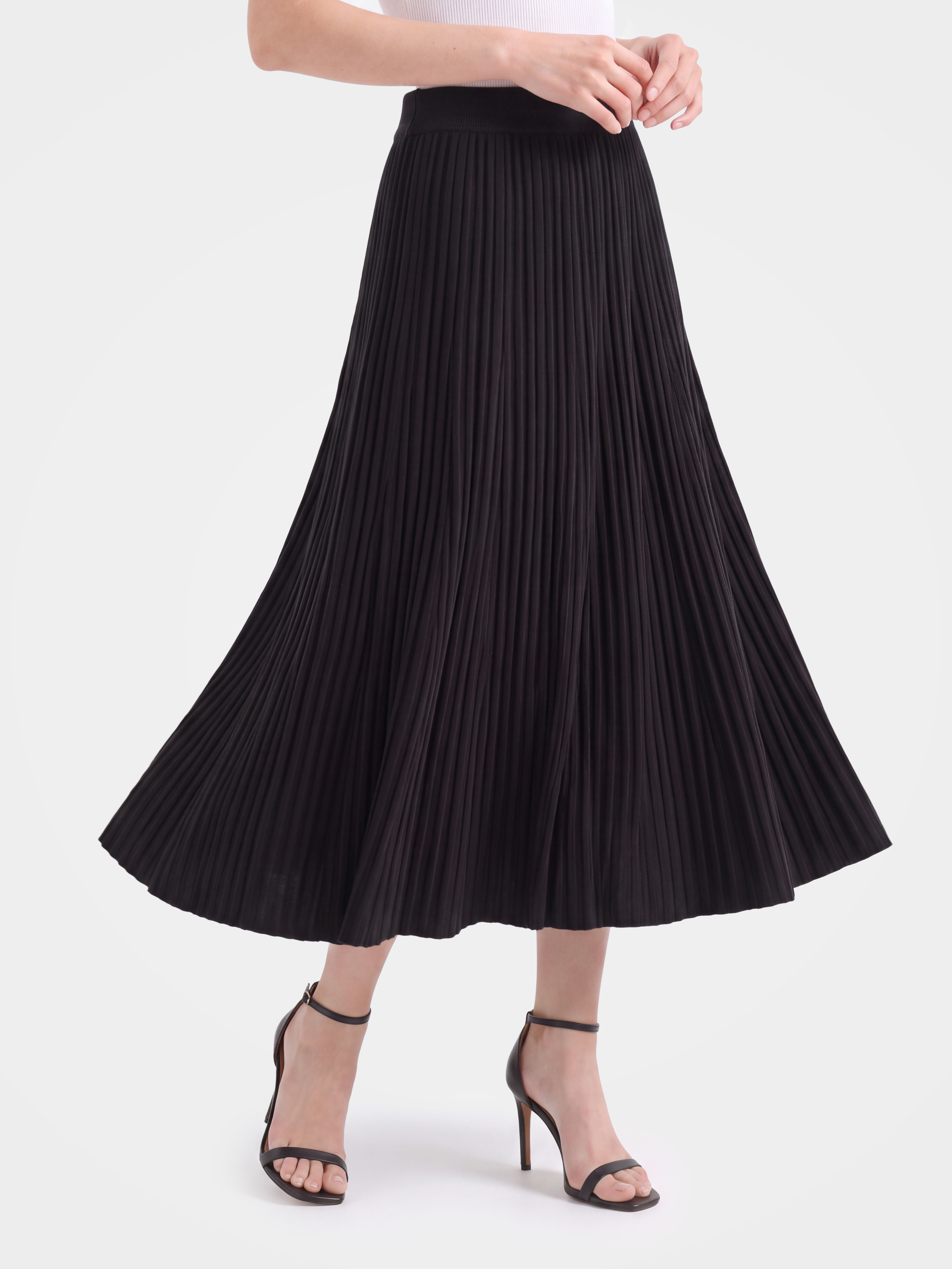 100% Mongolian Cashmere Rib Knit Pleated Midi Skirt - Soft Luxury A-Line Knit Skirt