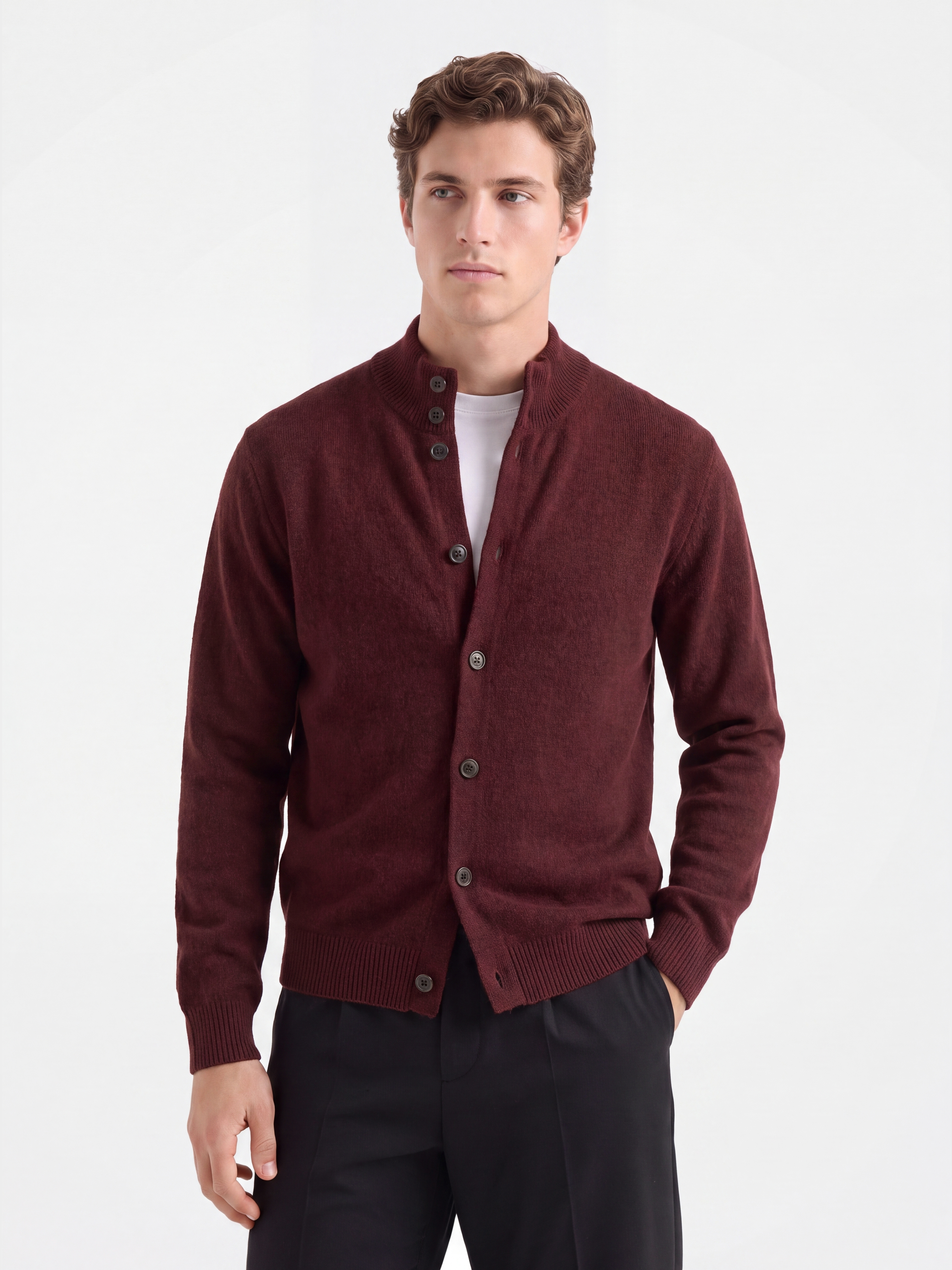 Men's 100% Wool Mock Neck Long Sleeve Cardigan Sweater