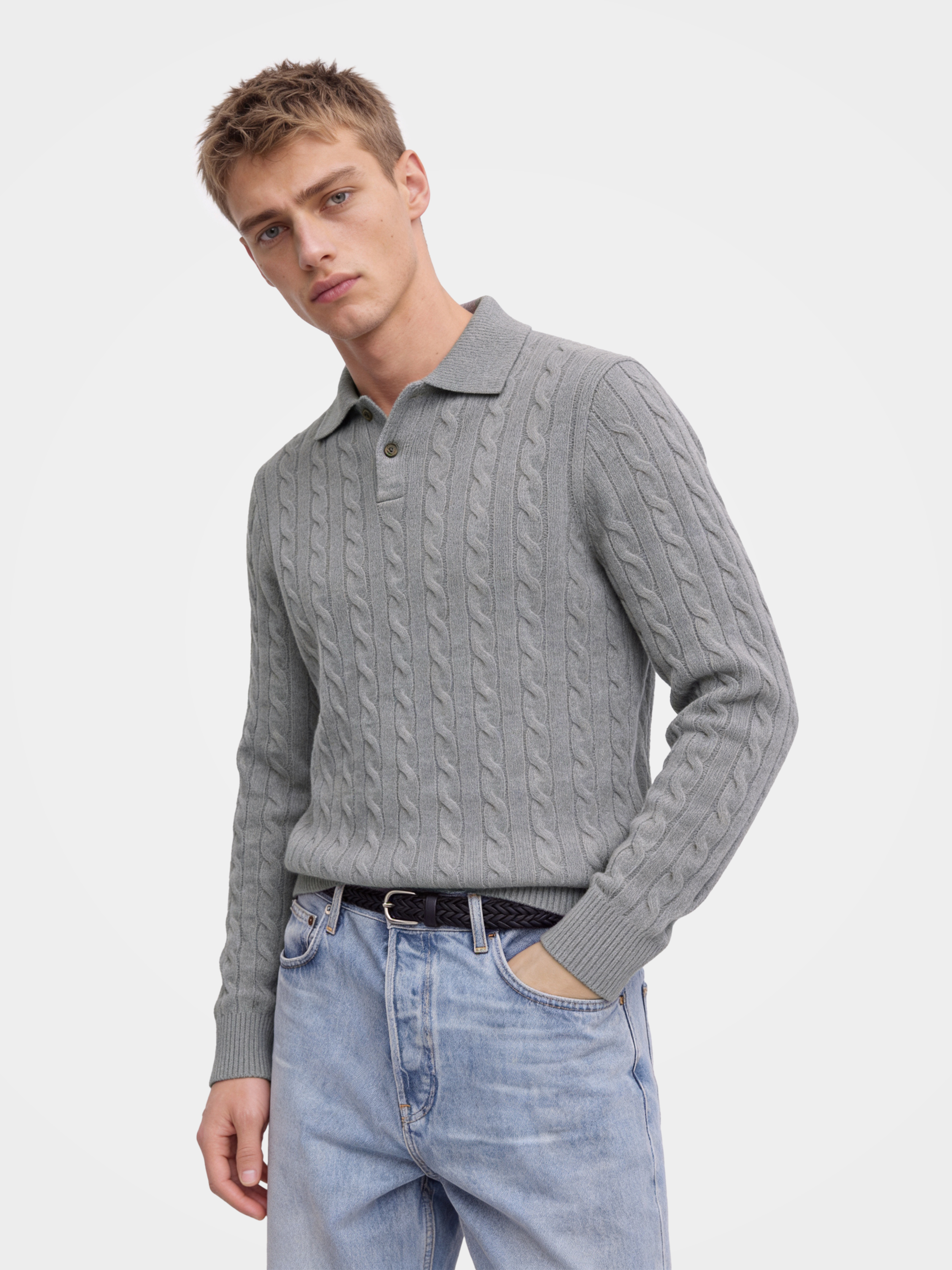 Pre-Order | Men's 100% Cashmere Cable Knit Polo Collar Sweater (10-14 Business Days)