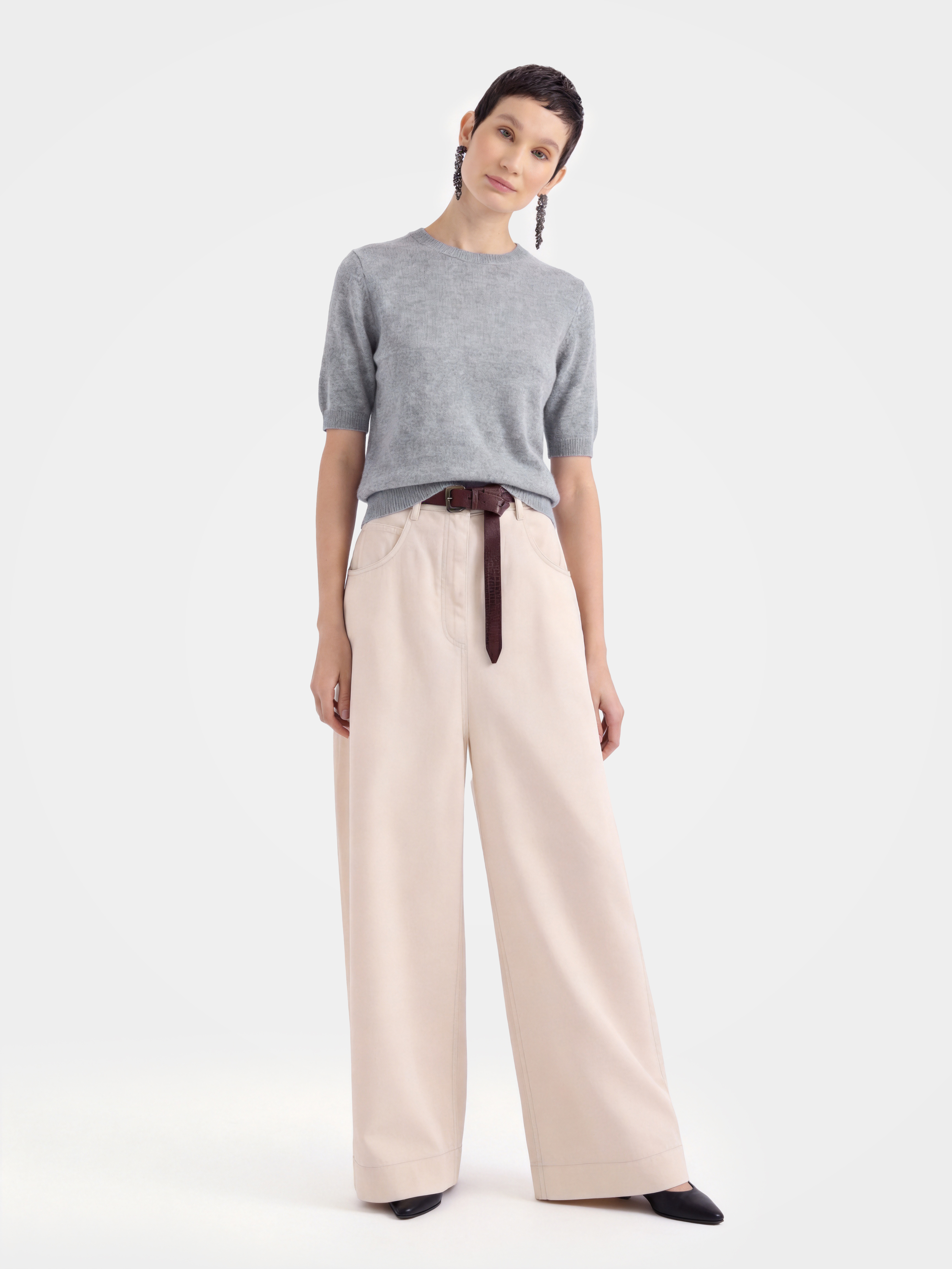 Cashmere Tencel Blend Soft & Lightweight Short Sleeve Knit Top – Crew Neck, Beige/Black/Gray