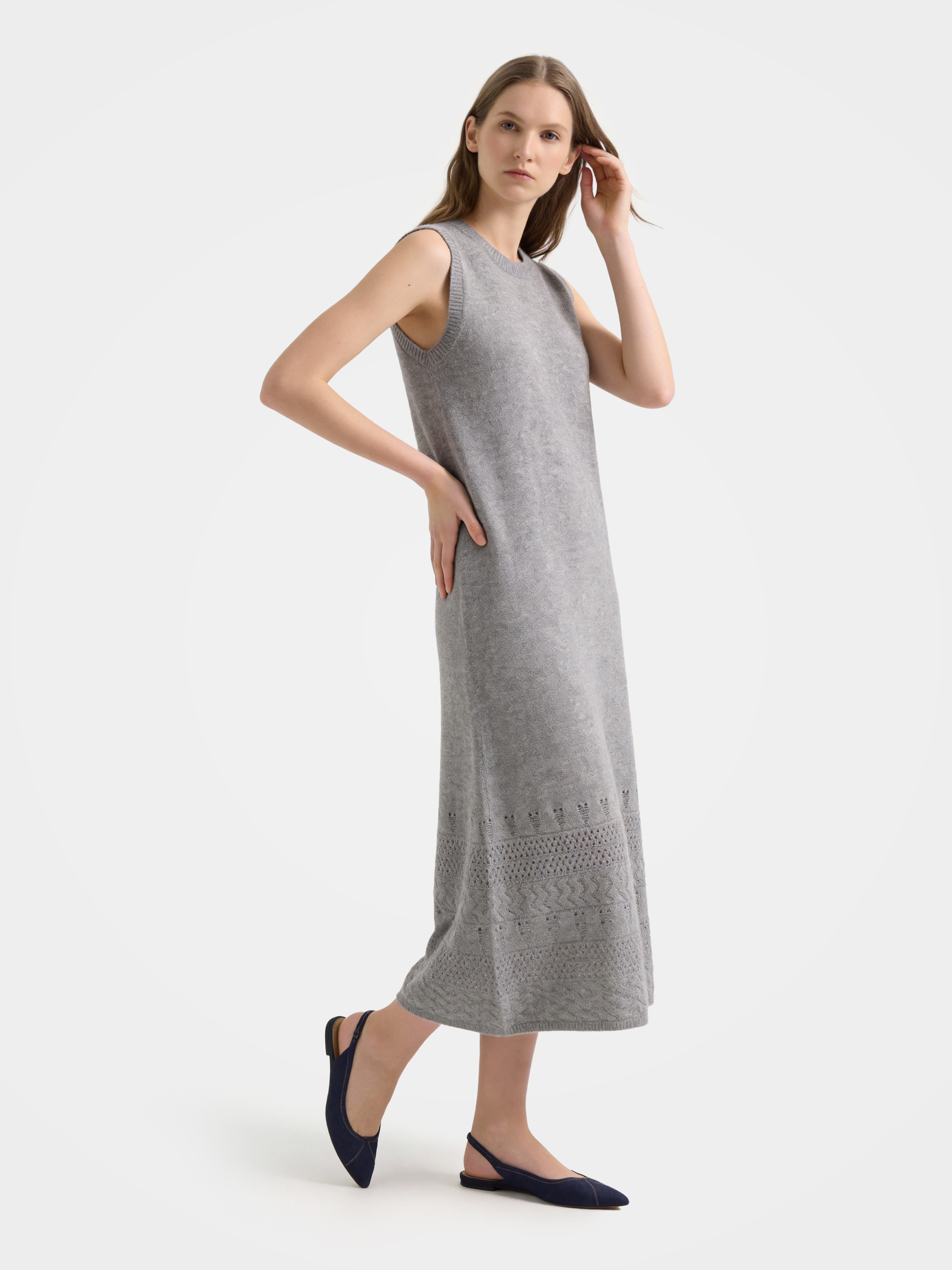 100% Cashmere Sleeveless Openwork Knit Midi Sweater Dress