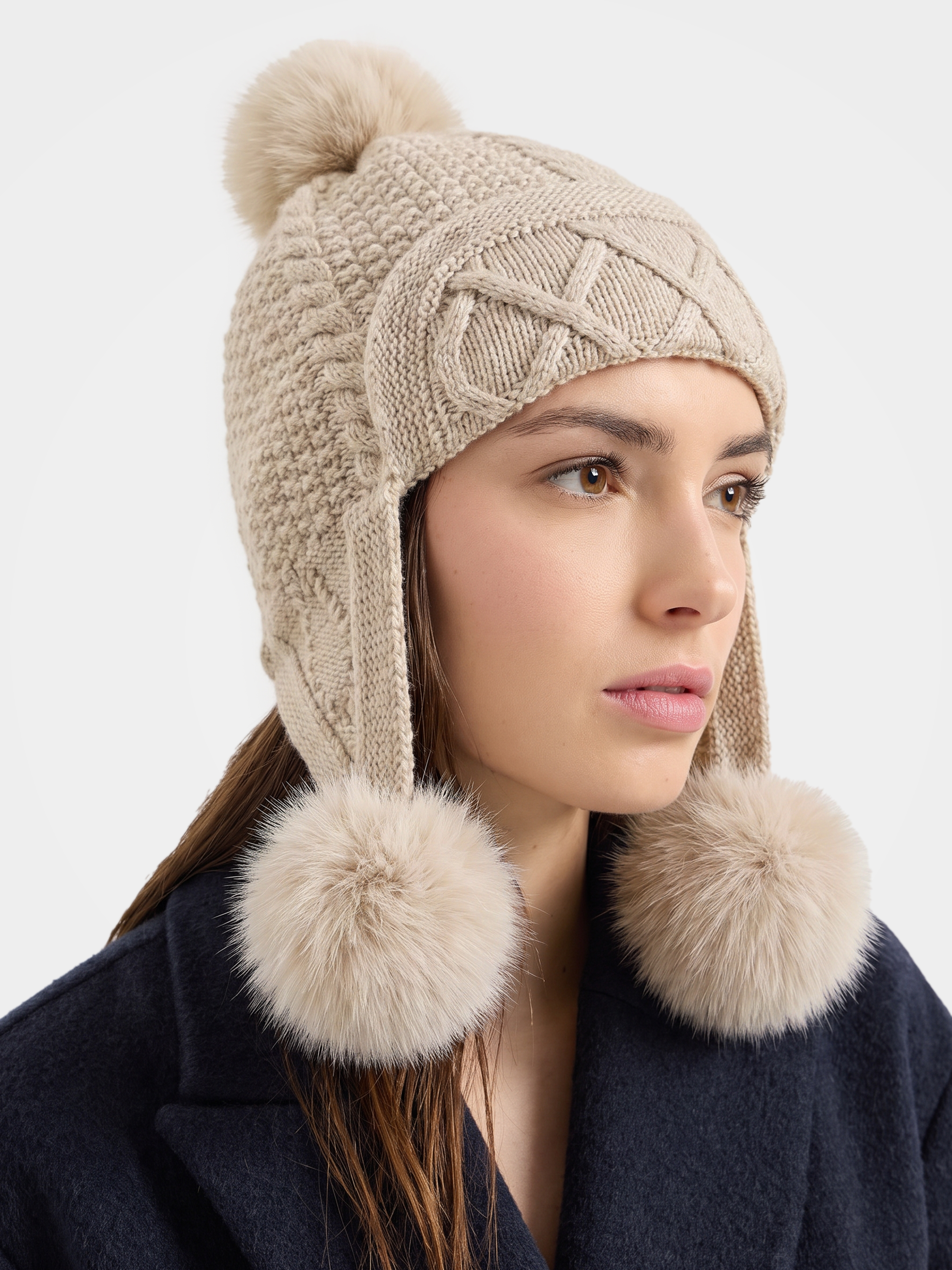 100% Cashmere Cable Knit Earflap Hat with Pom-Poms