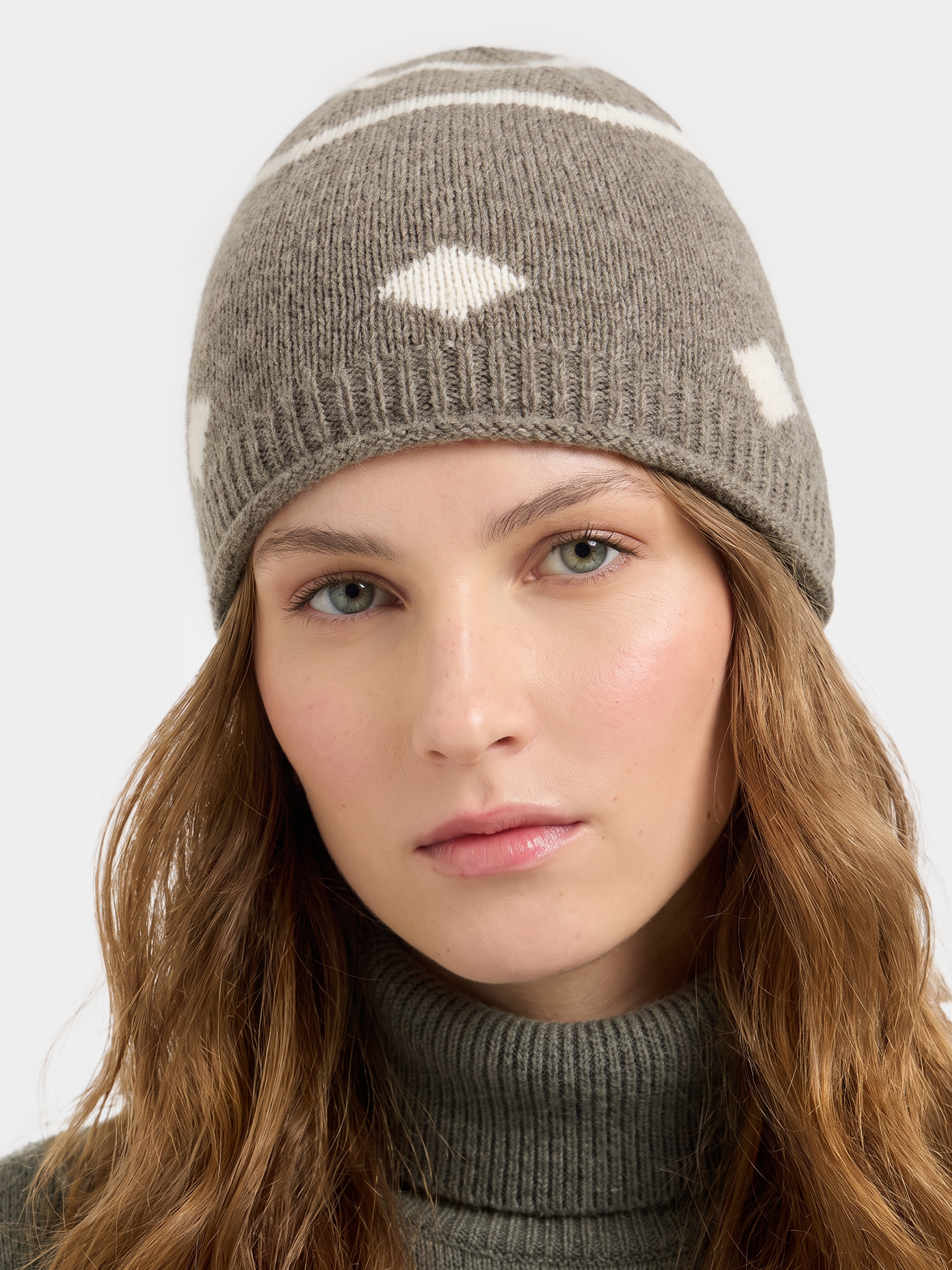 100% Cashmere Geometric Pattern Knit Beanie