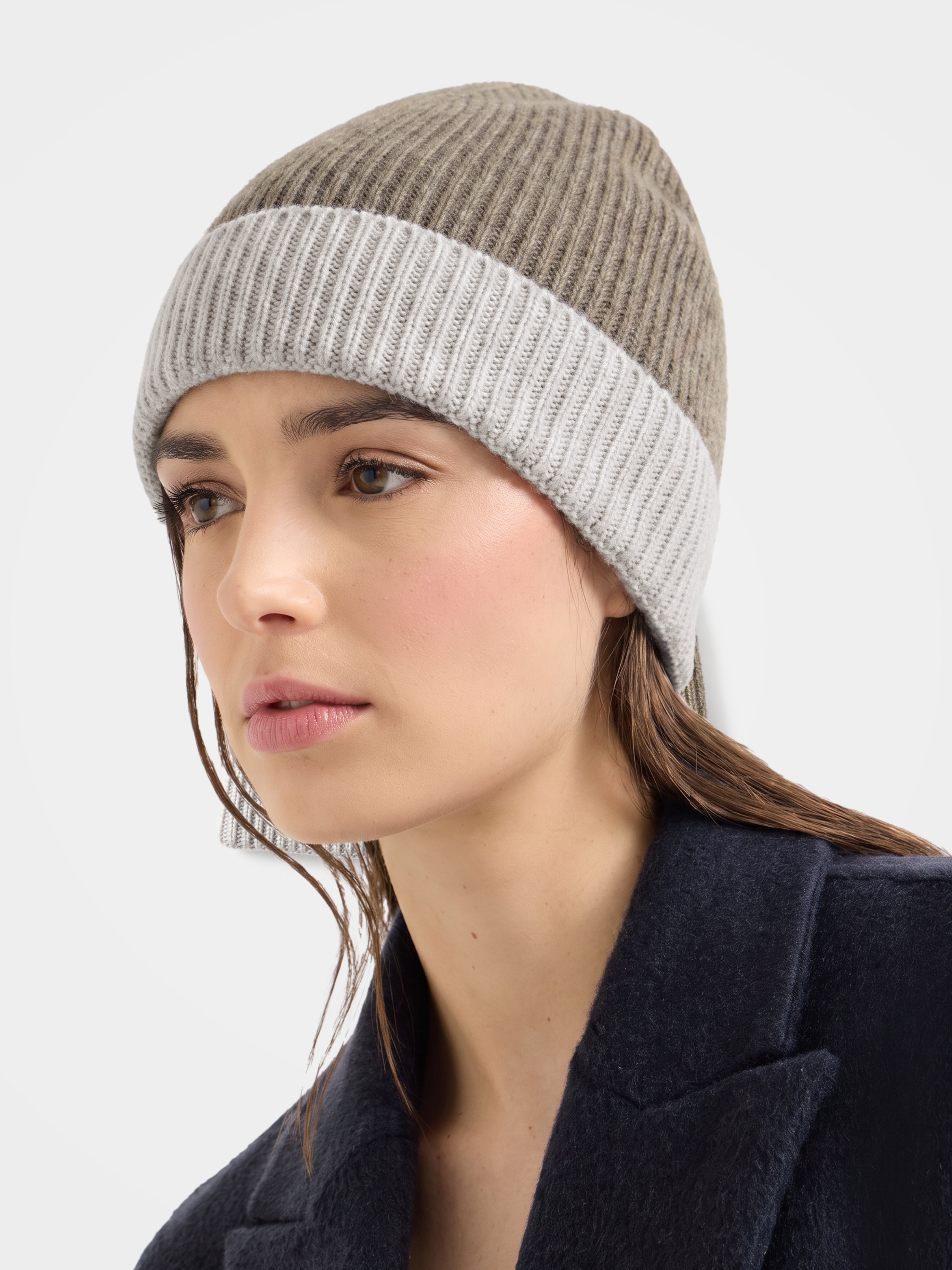 100% Cashmere Contrast Cuff Rib Knit Beanie