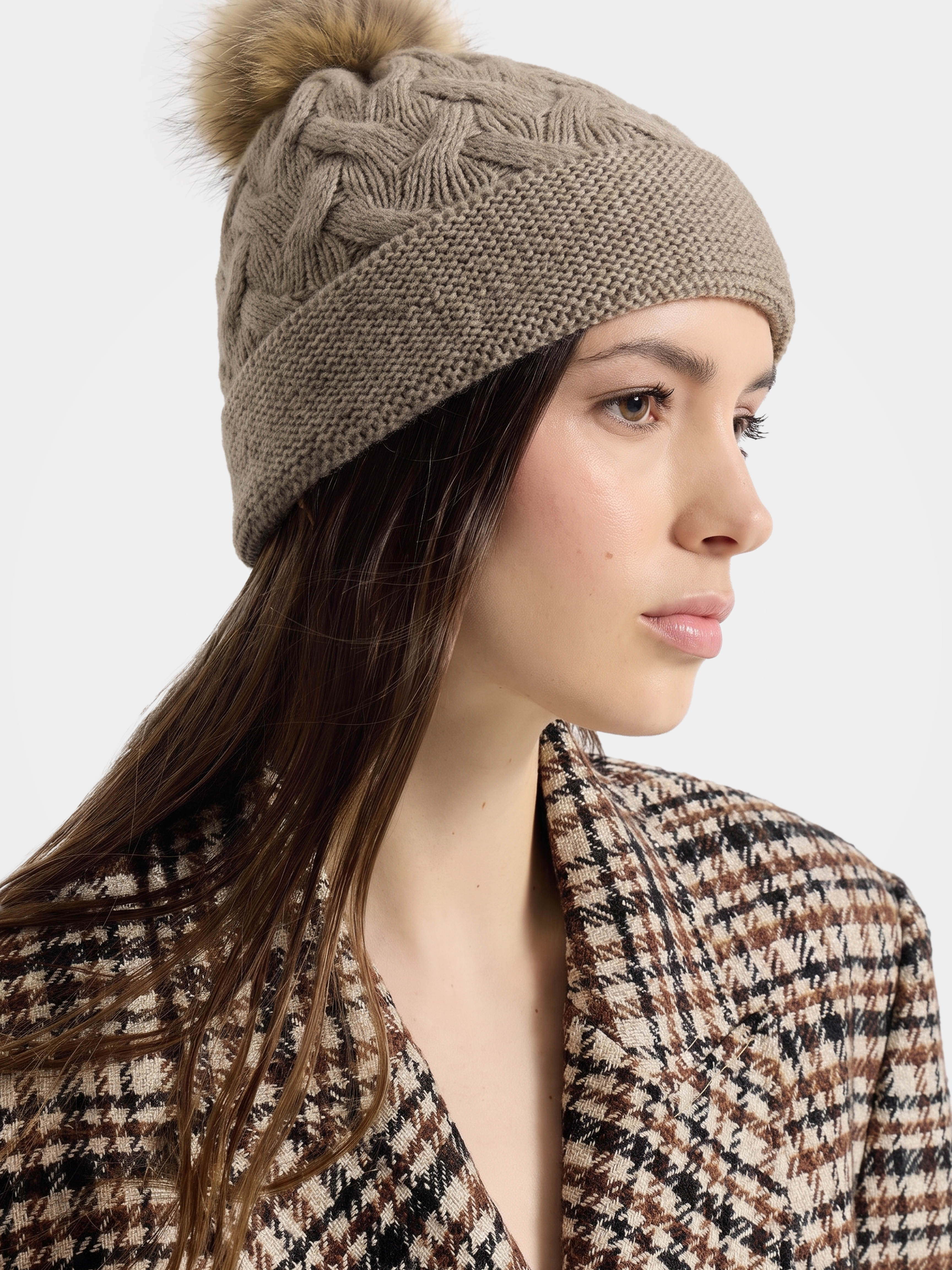 100% Cashmere Cable Knit Pom-Pom Beanie