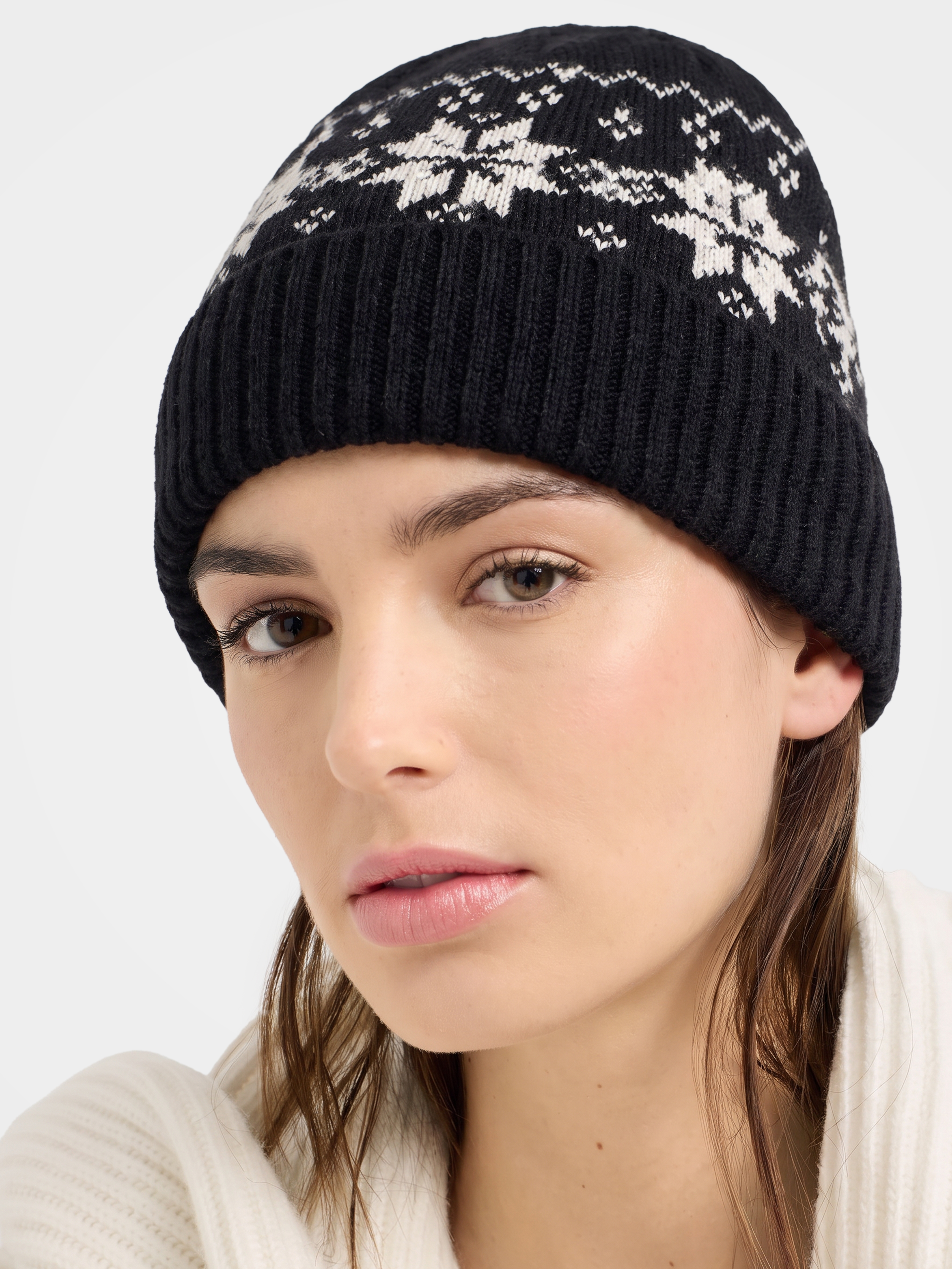 100% Cashmere Snowflake Fair Isle Knit Beanie