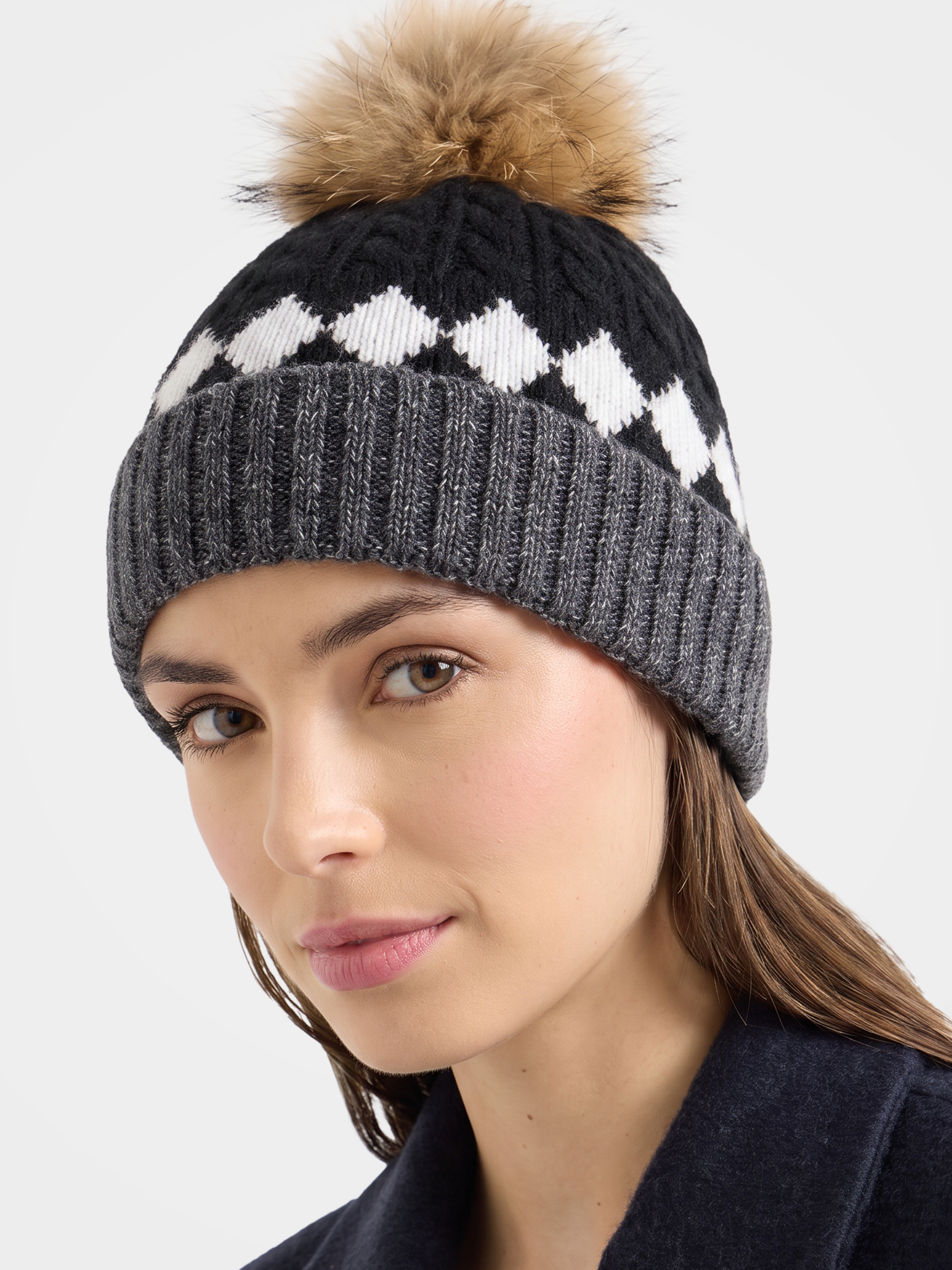 100% Cashmere Diamond Cable Knit Pom-Pom Beanie