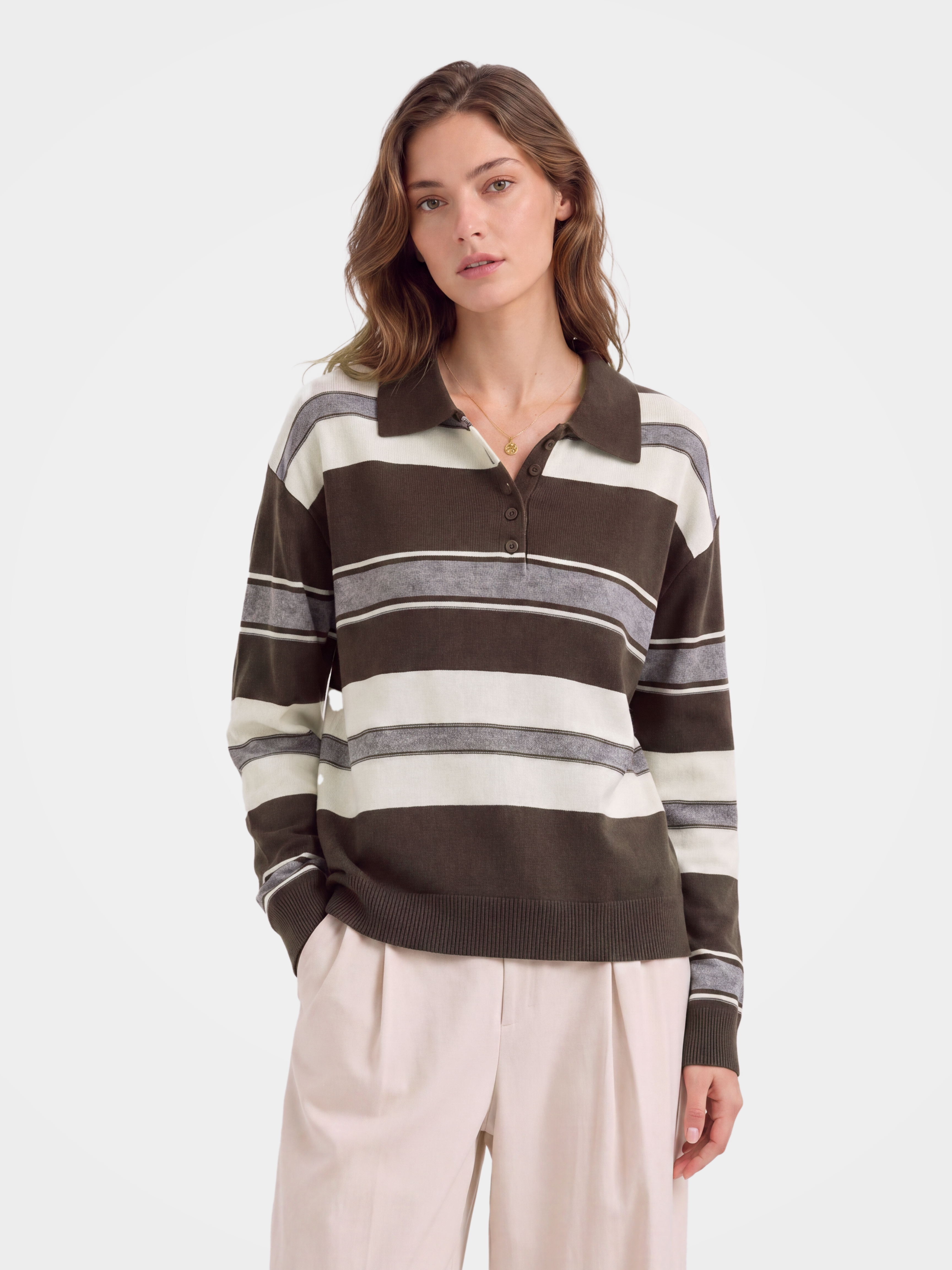 100% Cashmere Striped Polo Collar Long Sleeve Knit Sweater
