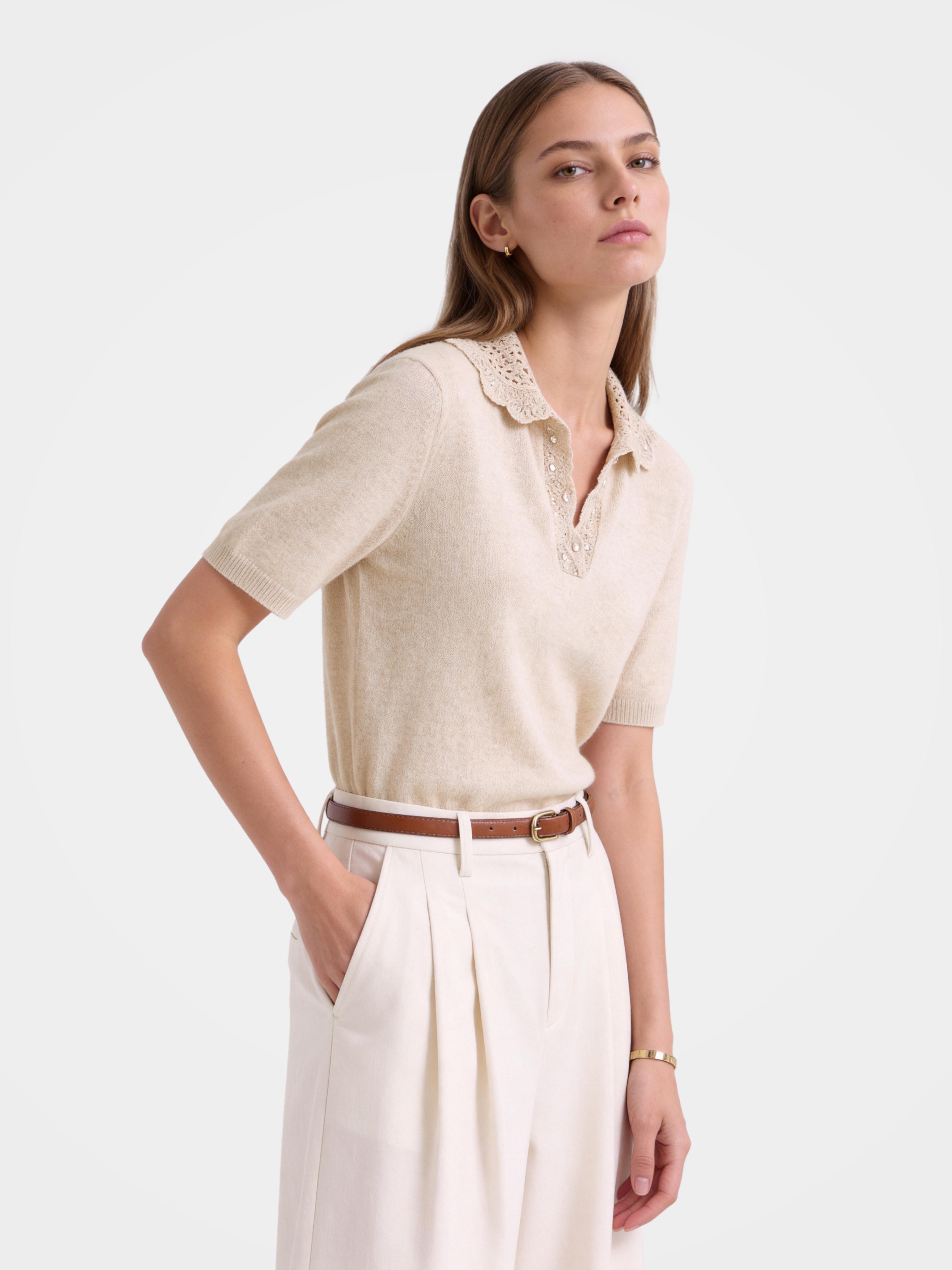 100% Cashmere Openwork Knit Polo Short Sleeve Top