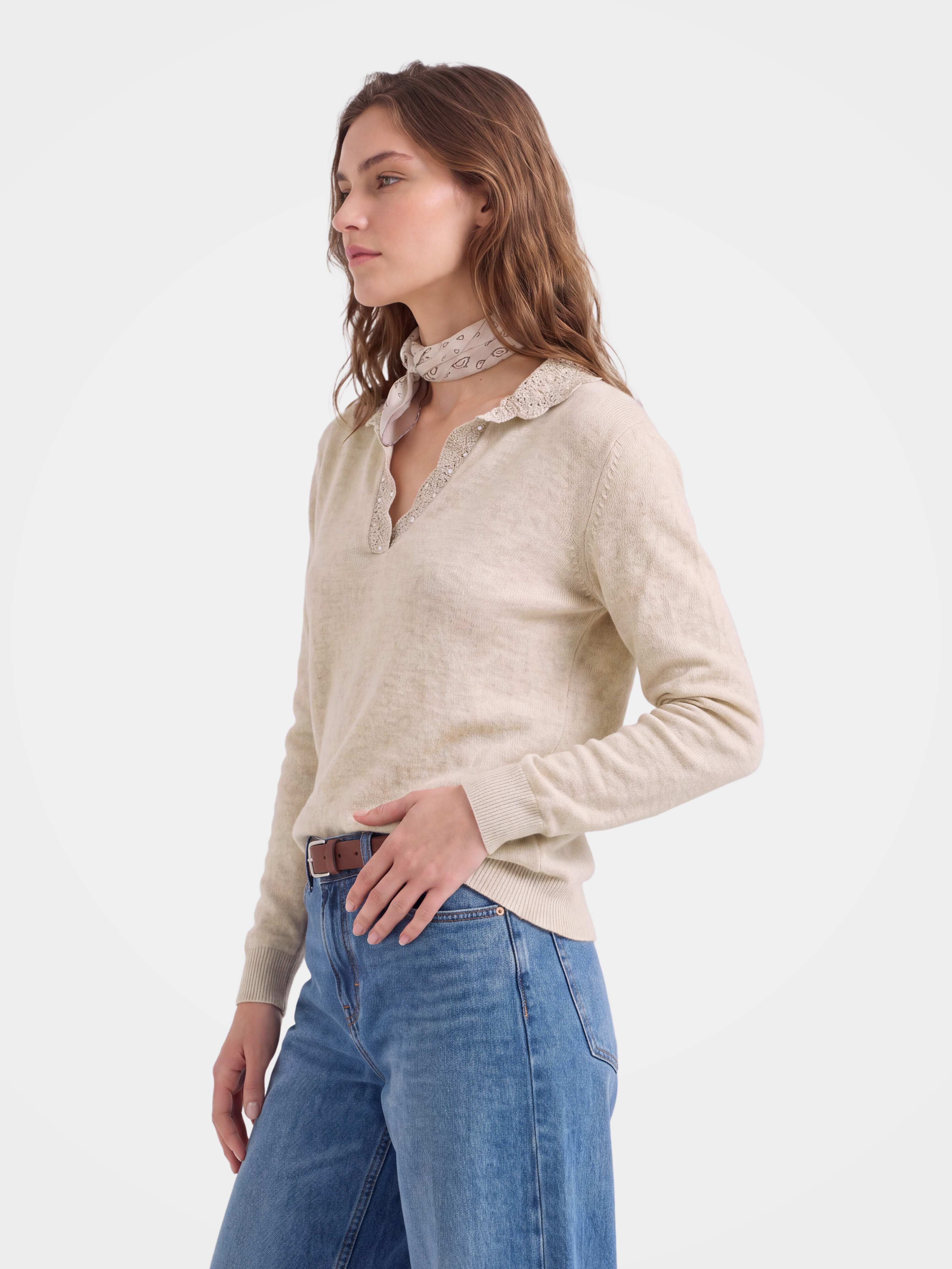 100% Cashmere Openwork Knit Polo Long Sleeve Sweater