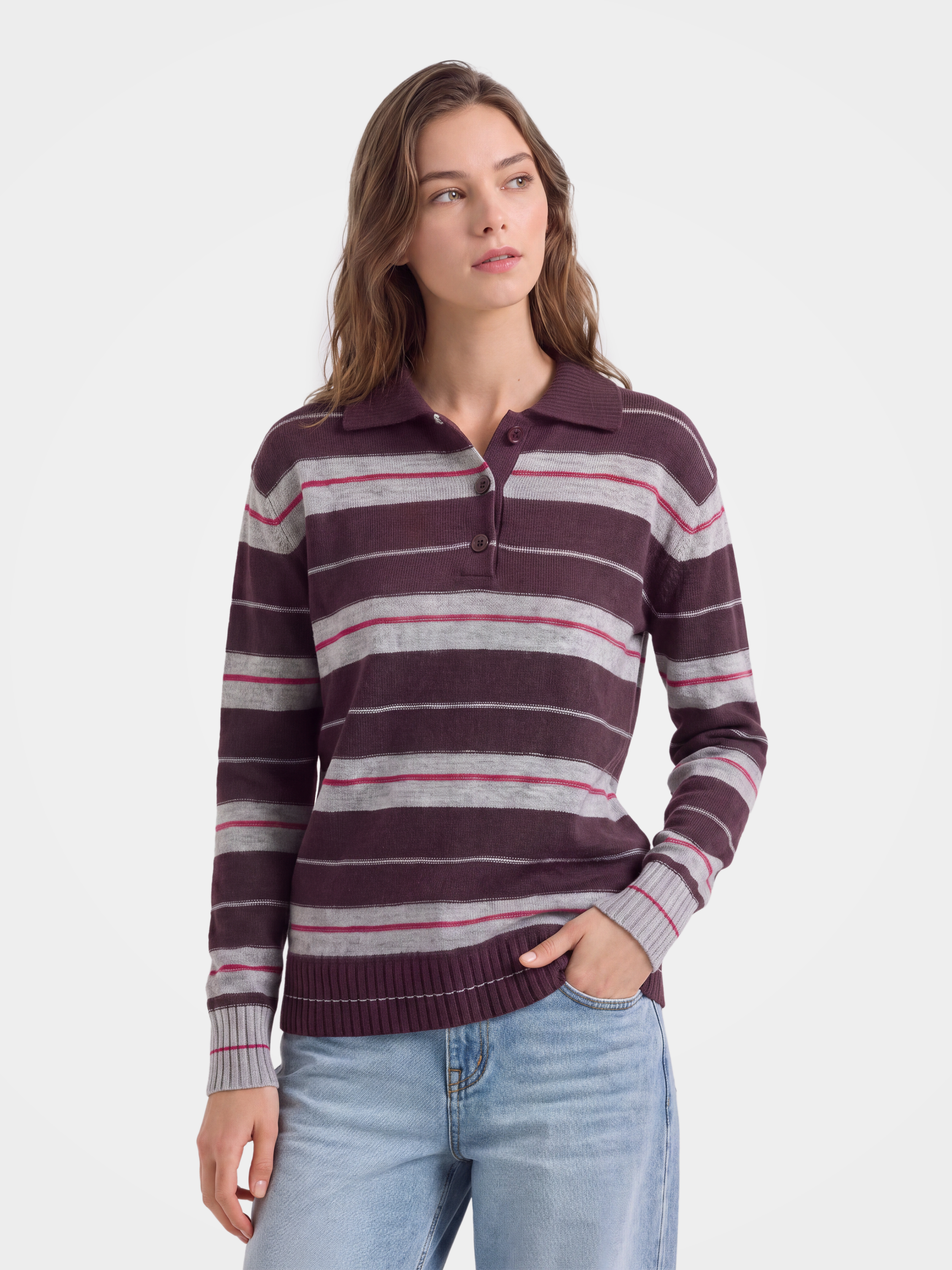 100% Cashmere Striped Polo Collar Knit Sweater