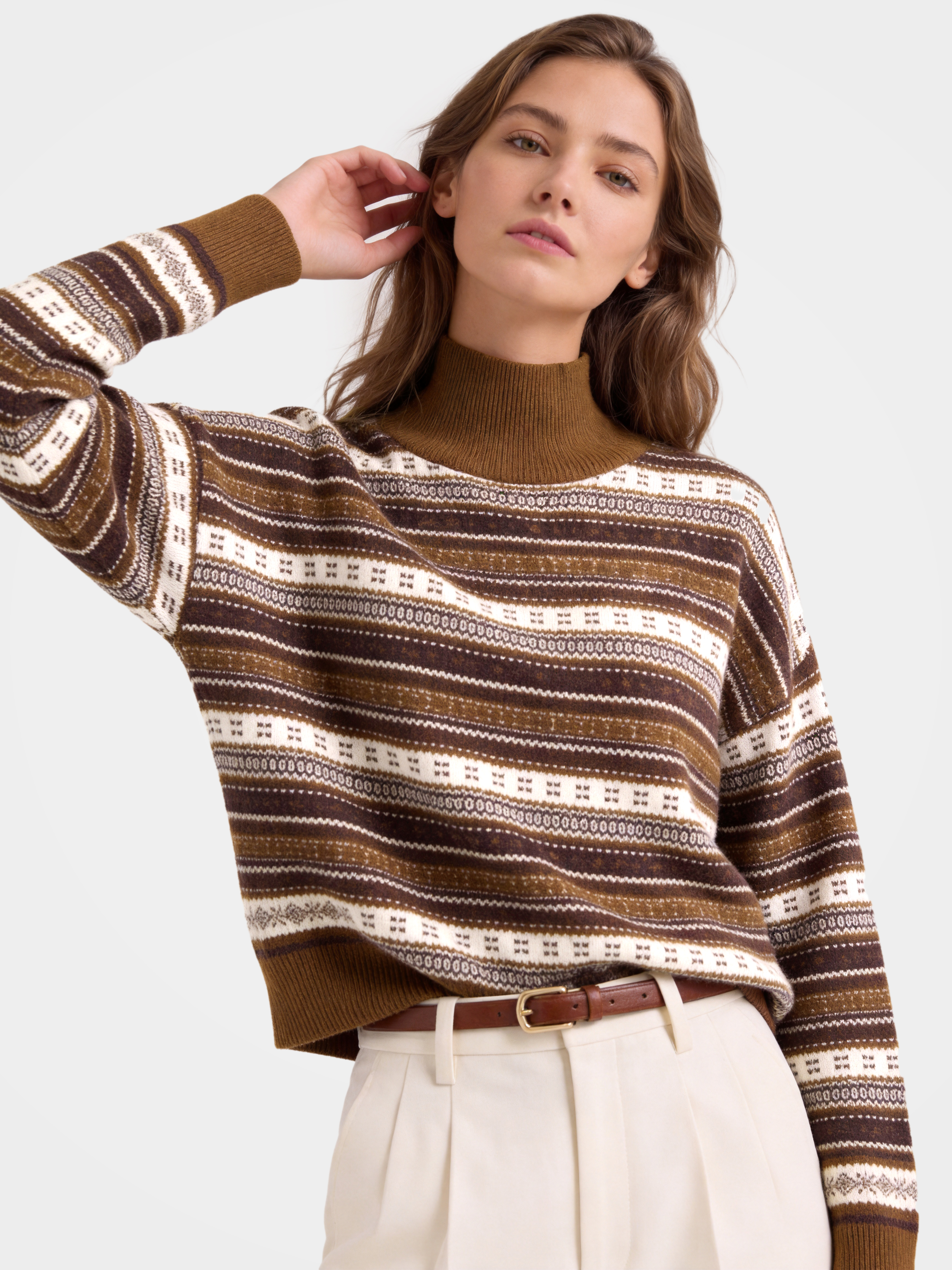 100% Cashmere Mock Neck Sweater Soft Fair Isle Knit Pullover