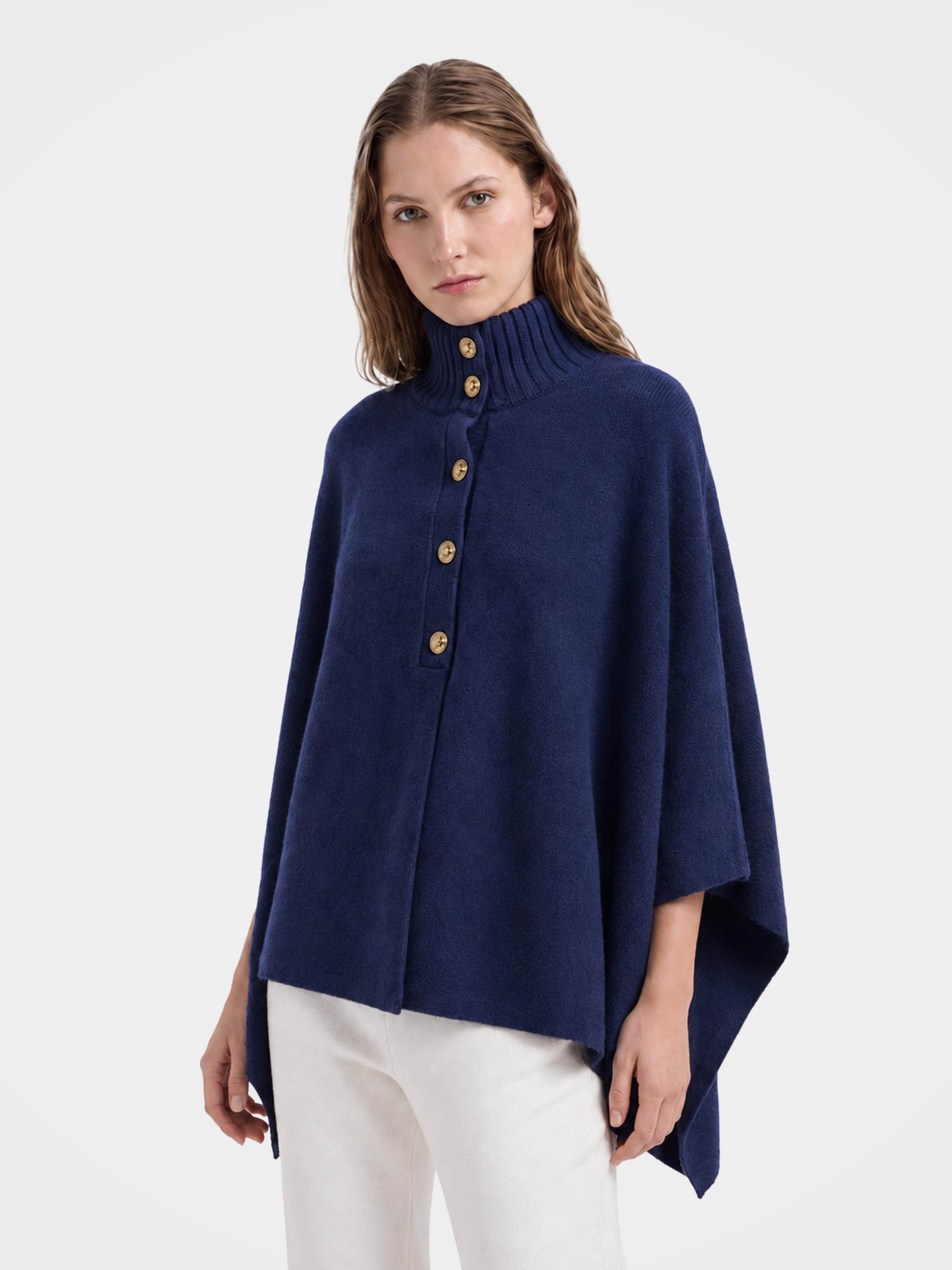 Pre-Order | 100% Wool Turtleneck Button-Placket Knit Cape (10-14 Business Days)