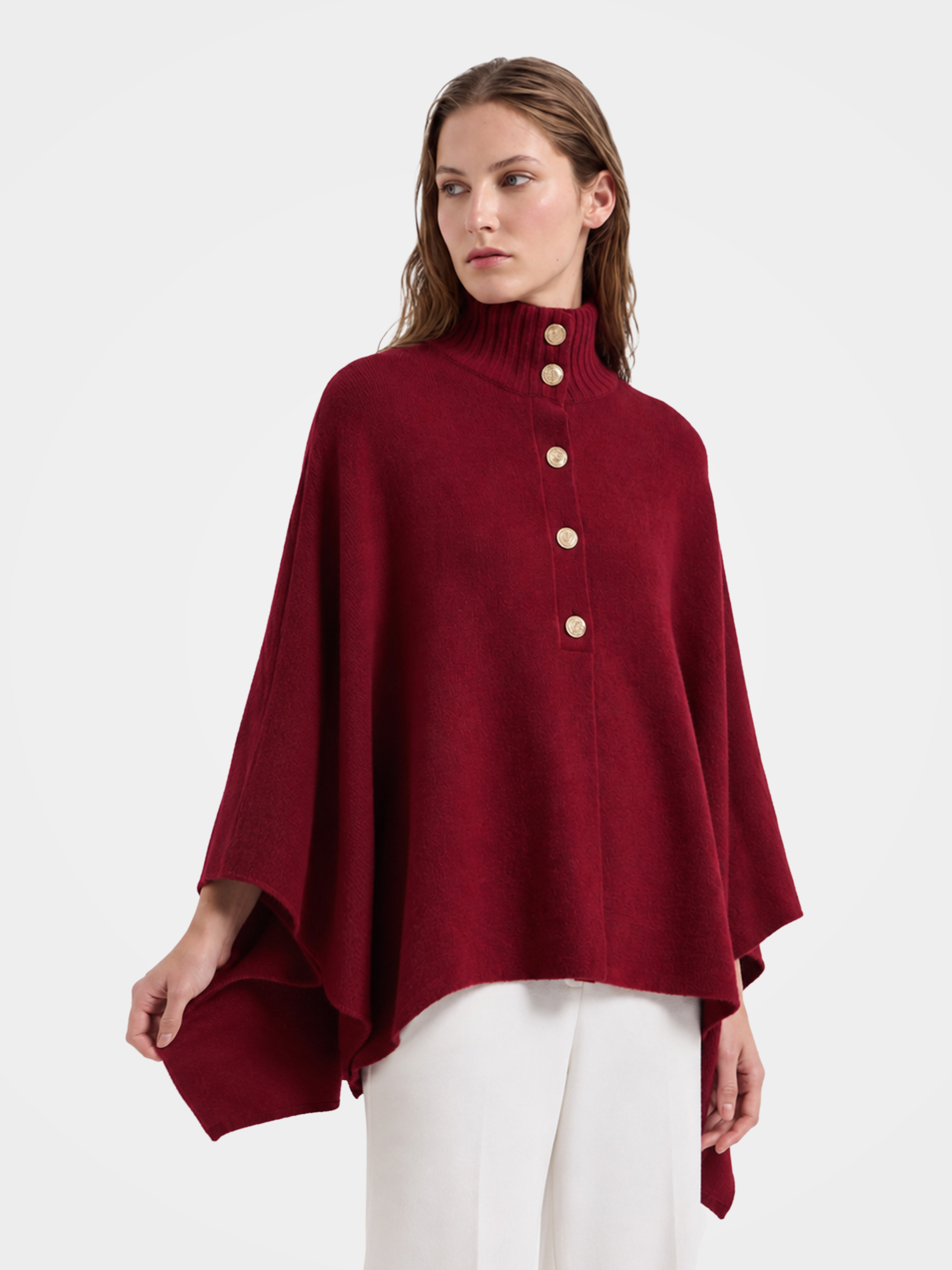 Pre-Order | 100% Wool Turtleneck Button-Placket Knit Cape (10-14 Business Days)