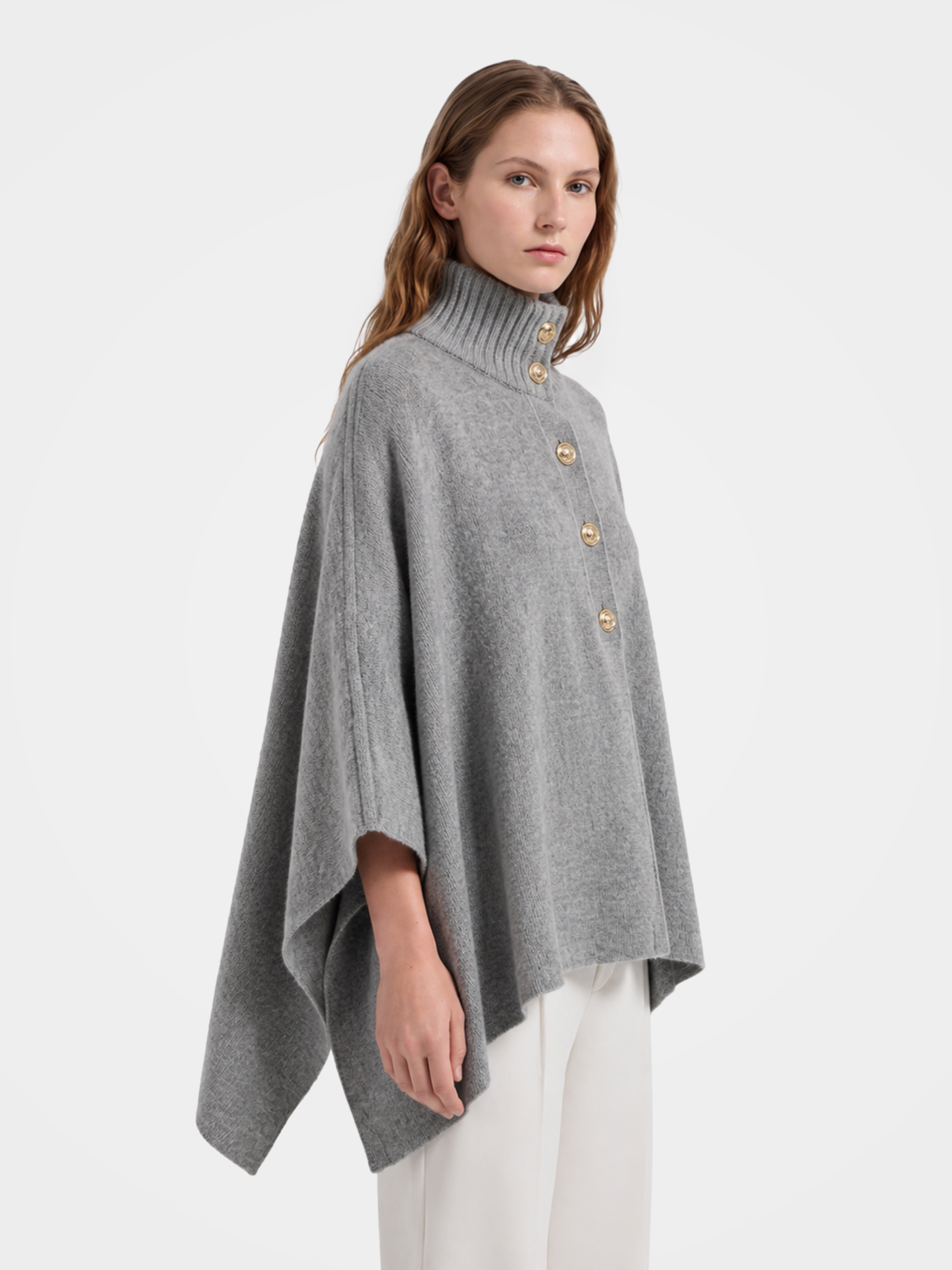 Pre-Order | 100% Wool Turtleneck Button-Placket Knit Cape (10-14 Business Days)