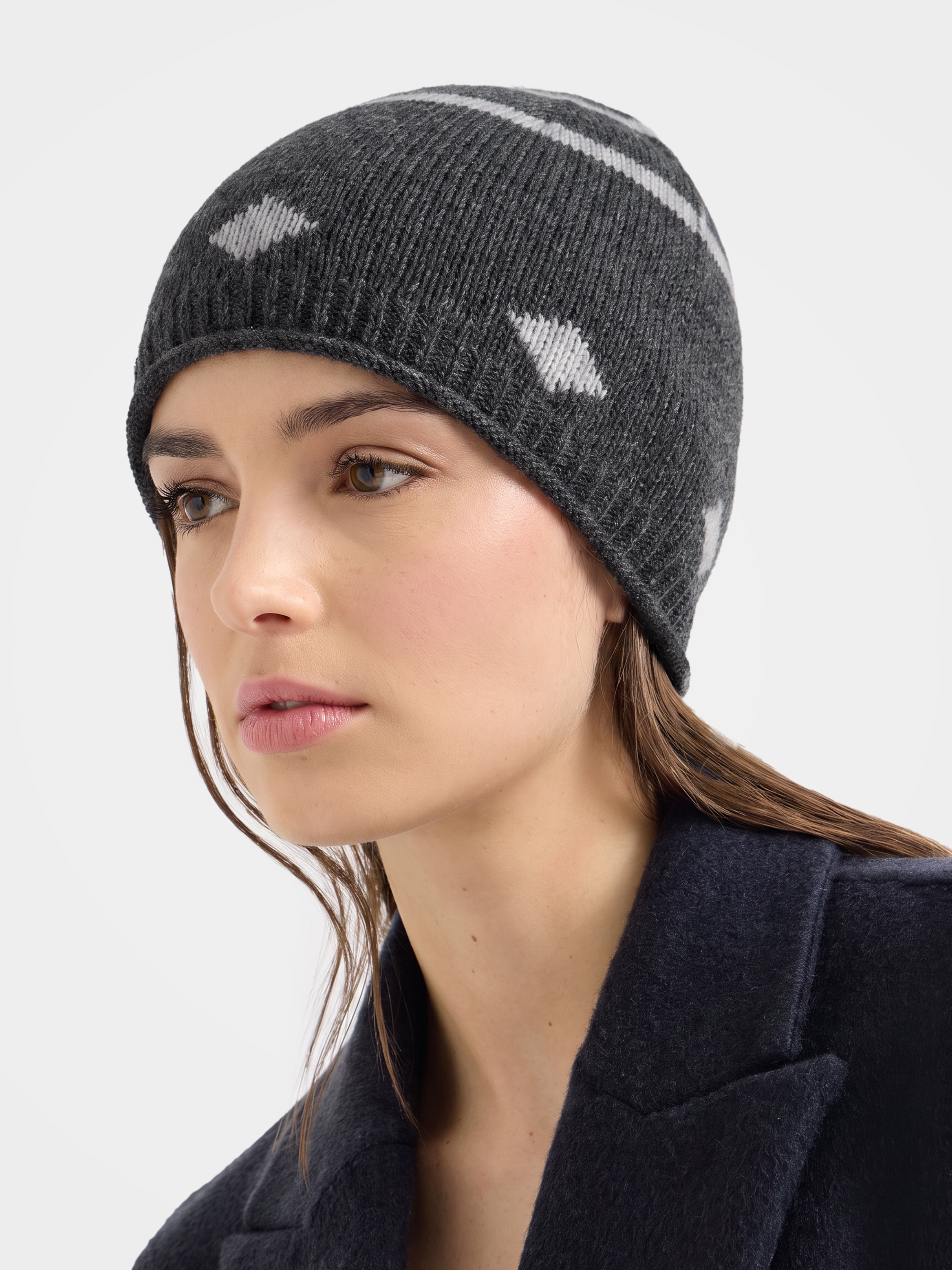 100% Cashmere Geometric Pattern Knit Beanie
