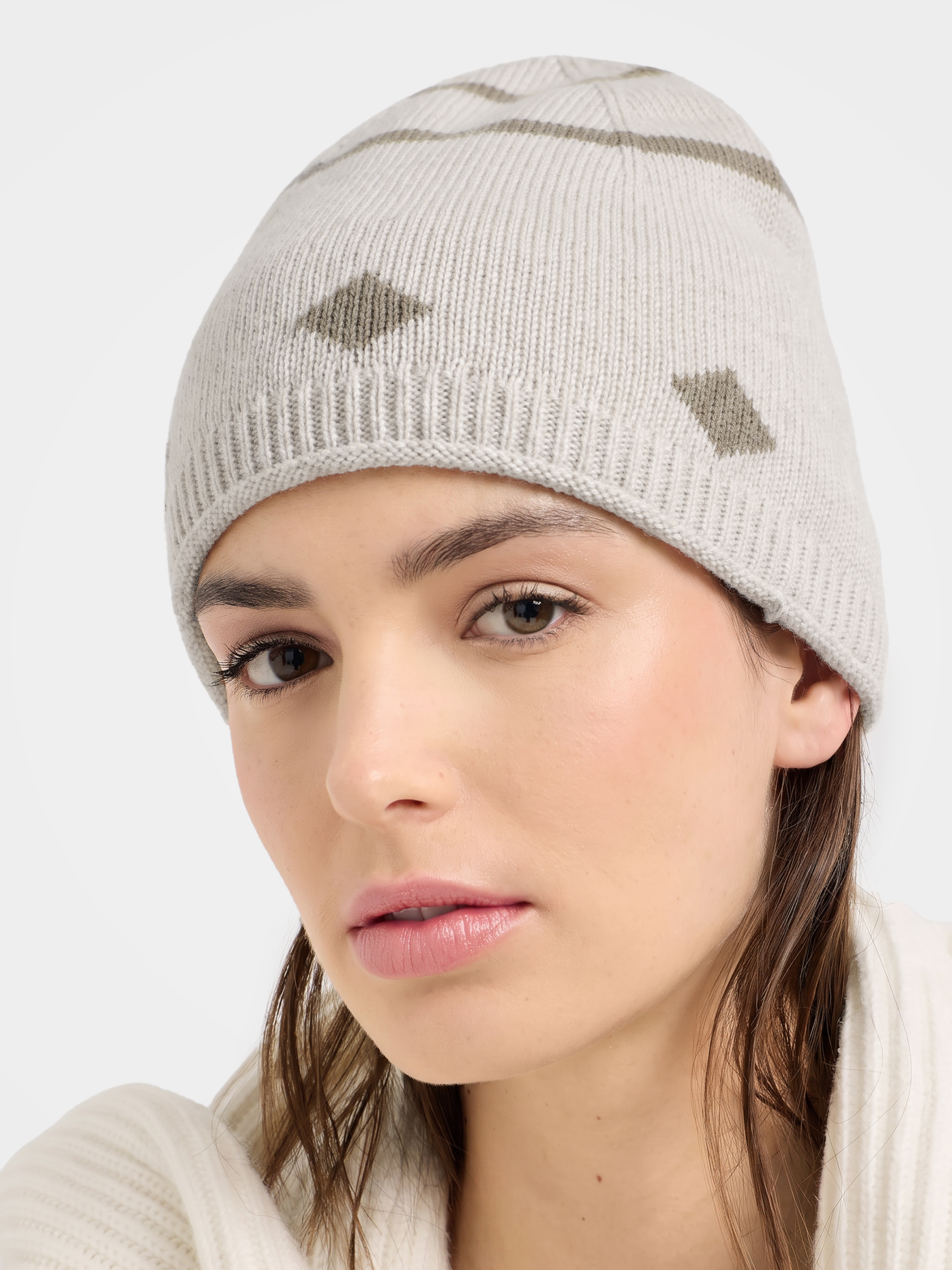 100% Cashmere Geometric Pattern Knit Beanie