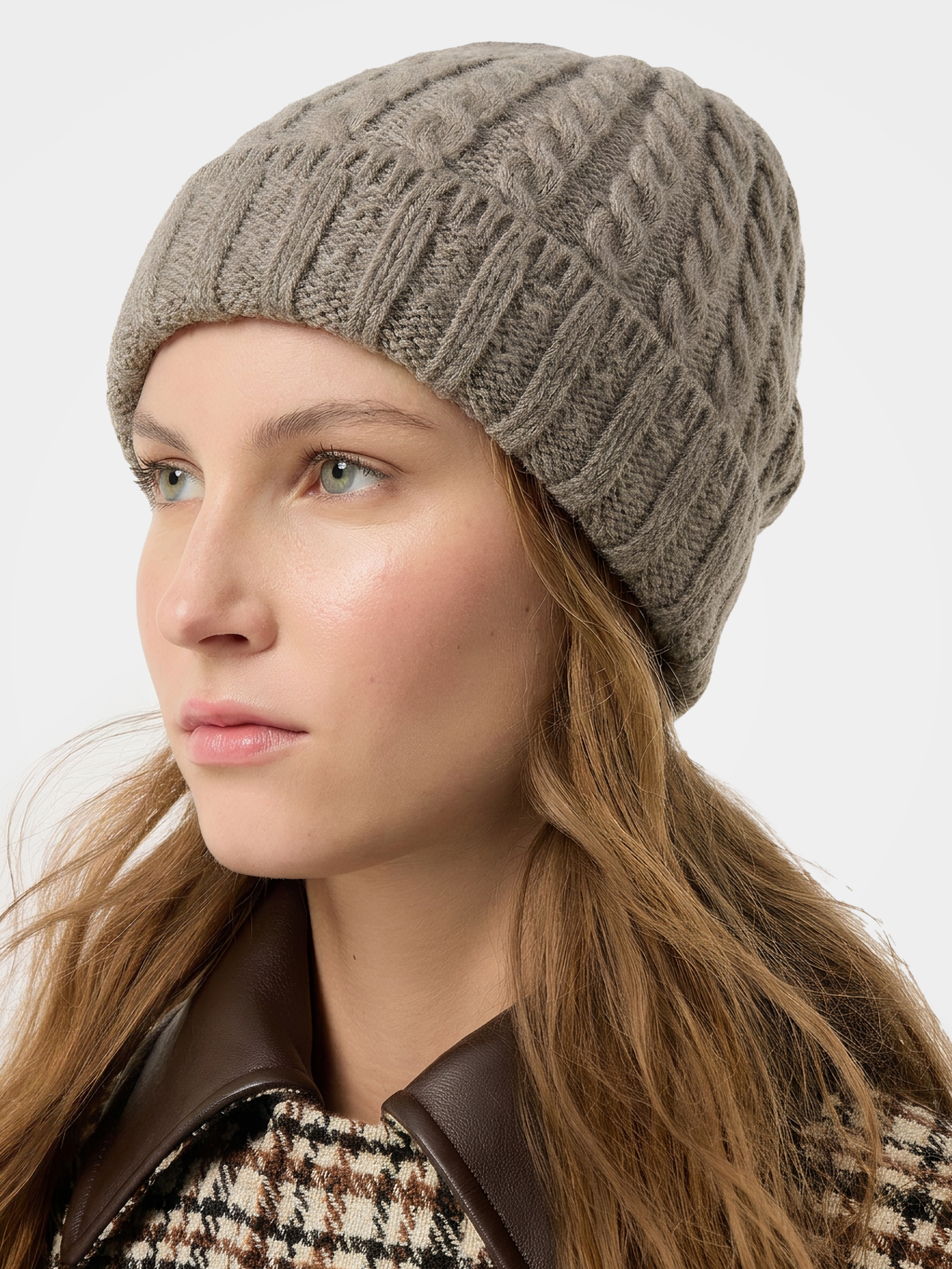 100% Cashmere Cable Knit Ribbed Cuff Beanie