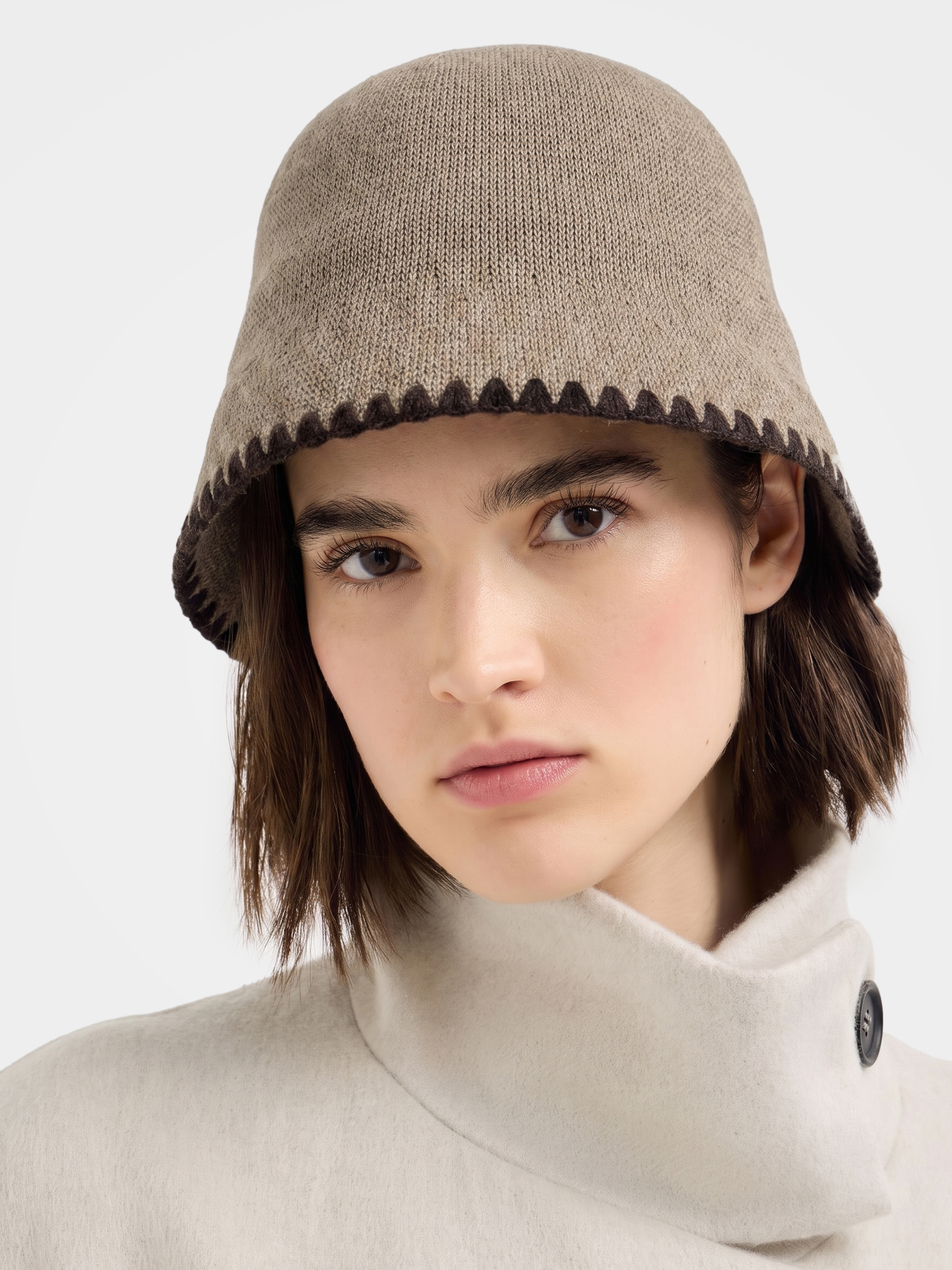 100% Cashmere Contrast Stitch Knit Cloche Hat