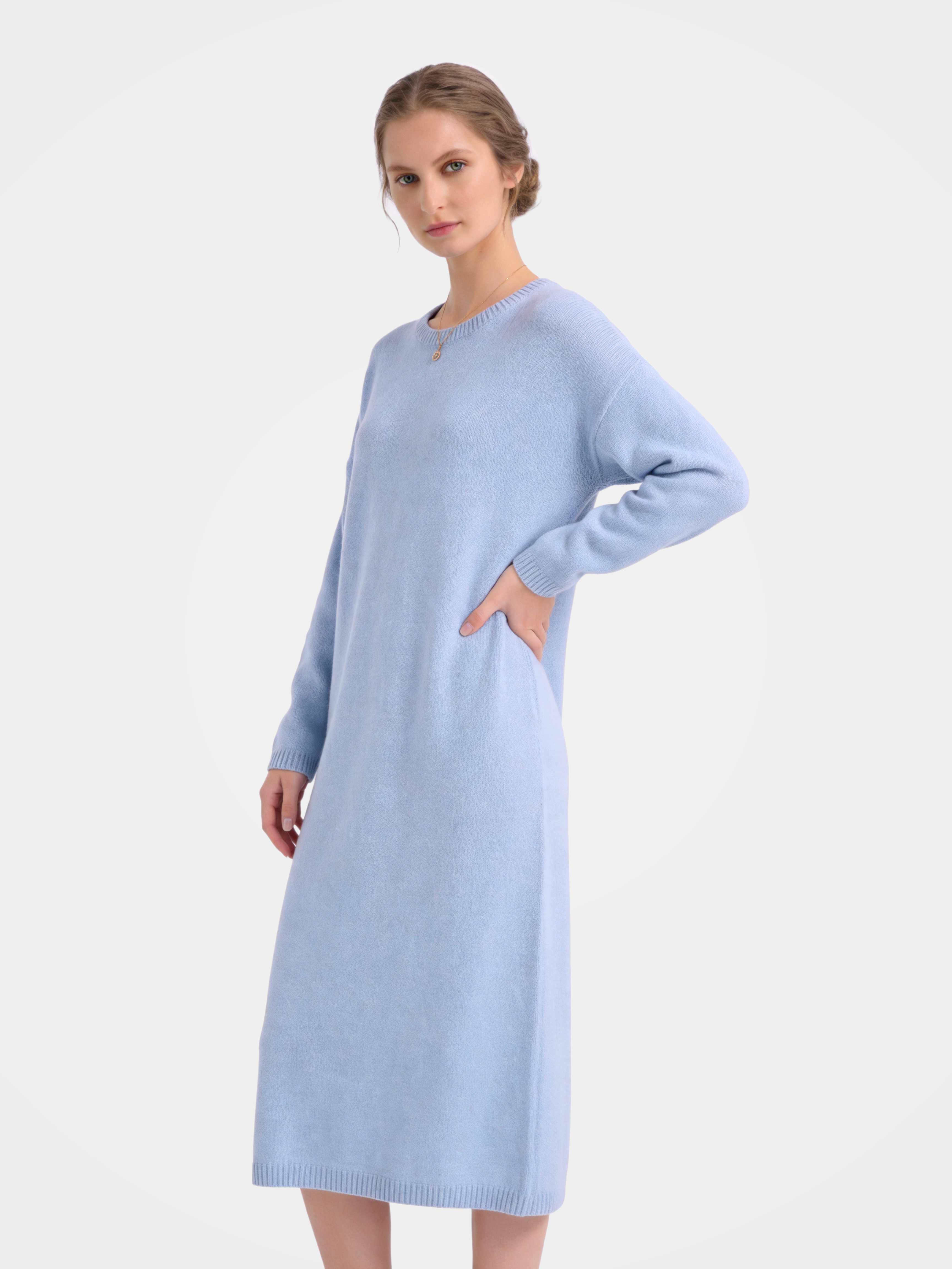Pre-Order | 100% Cashmere Long Sleeve Crew Neck Midi Sweater Dress (10-14 Business Days)