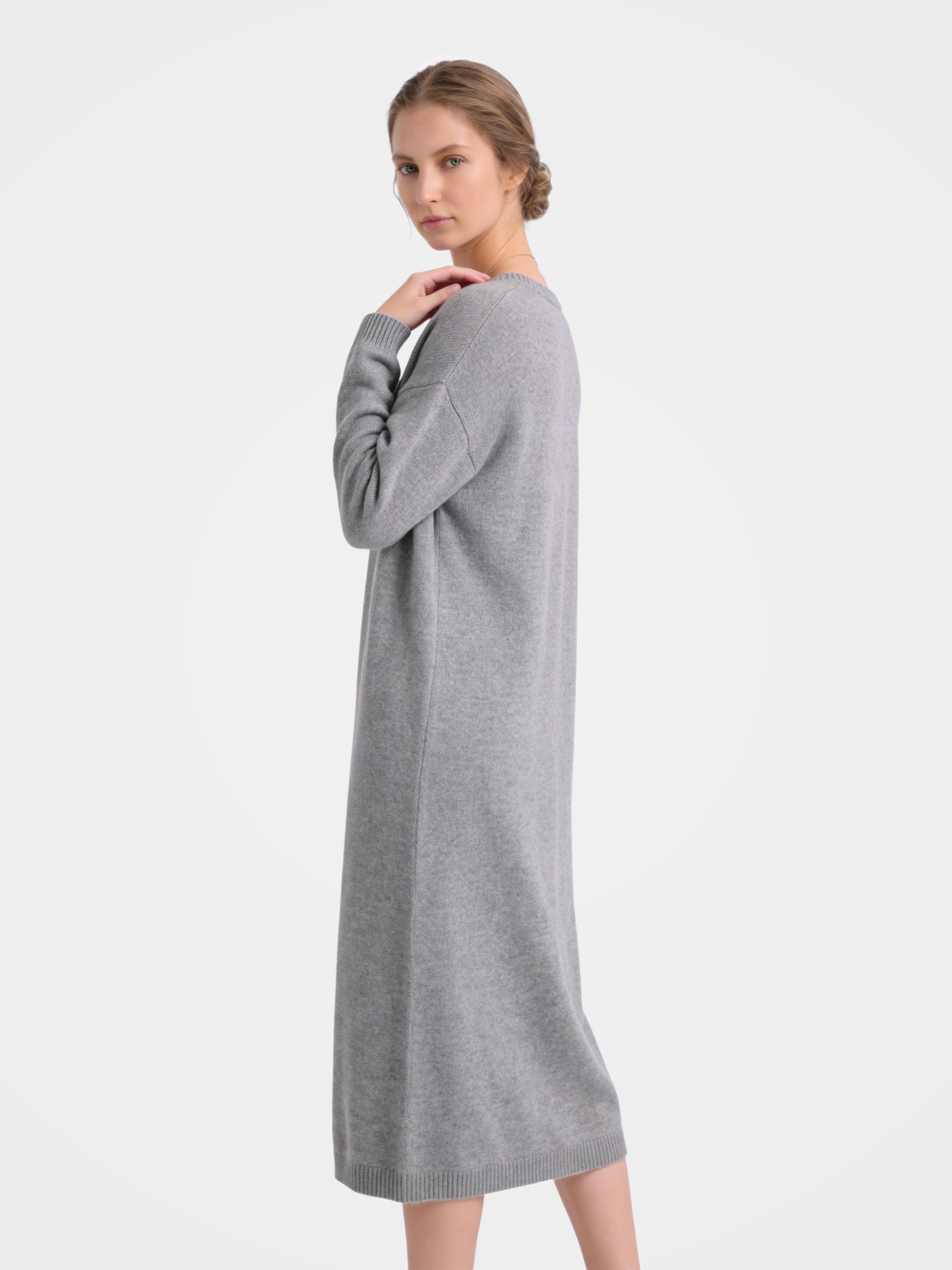 Pre-Order | 100% Cashmere Long Sleeve Crew Neck Midi Sweater Dress (10-14 Business Days)