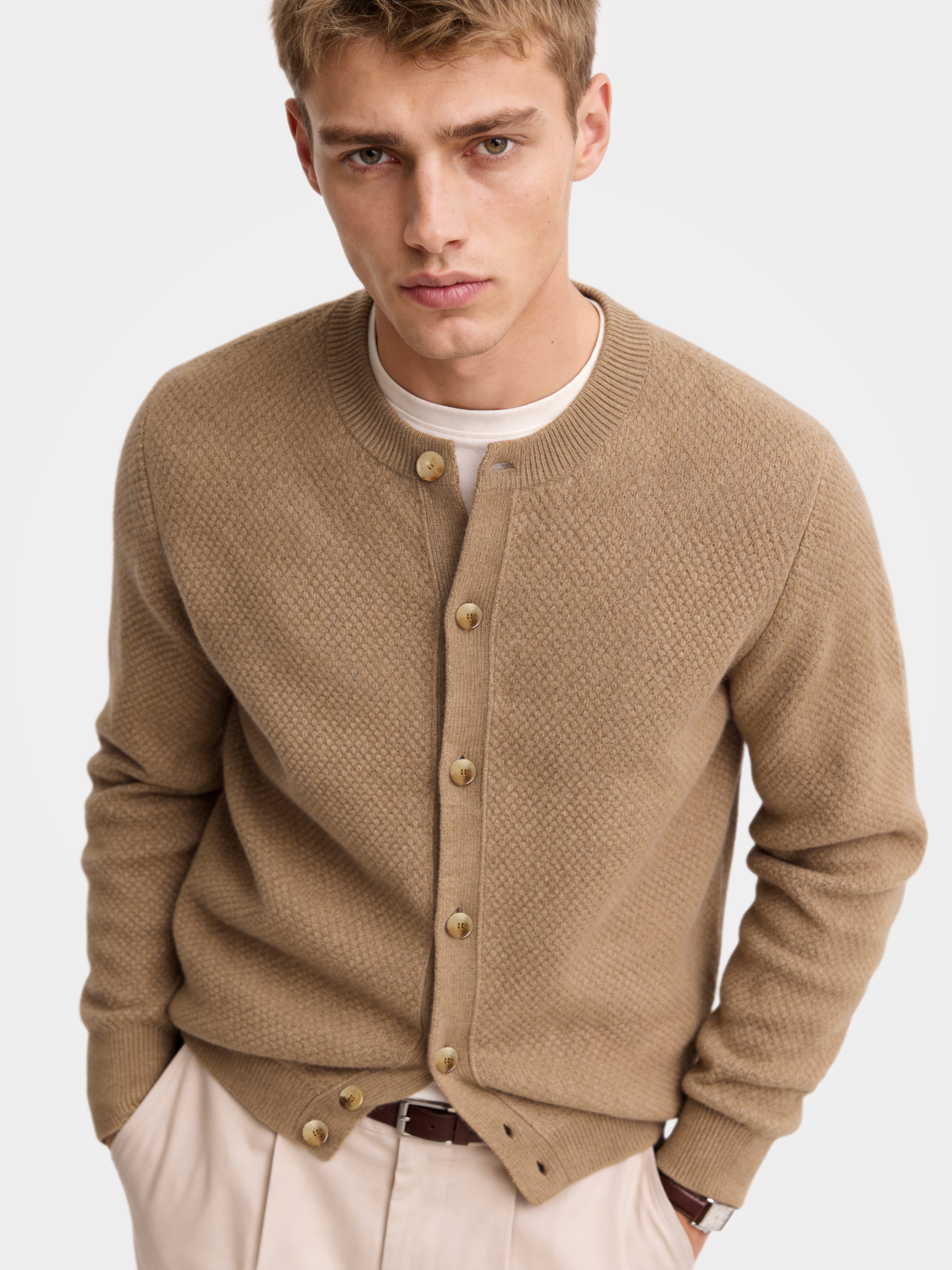 Pre-Order | Men's 100% Cashmere Honeycomb Knit Crew Neck Cardigan (10-14 Business Days)